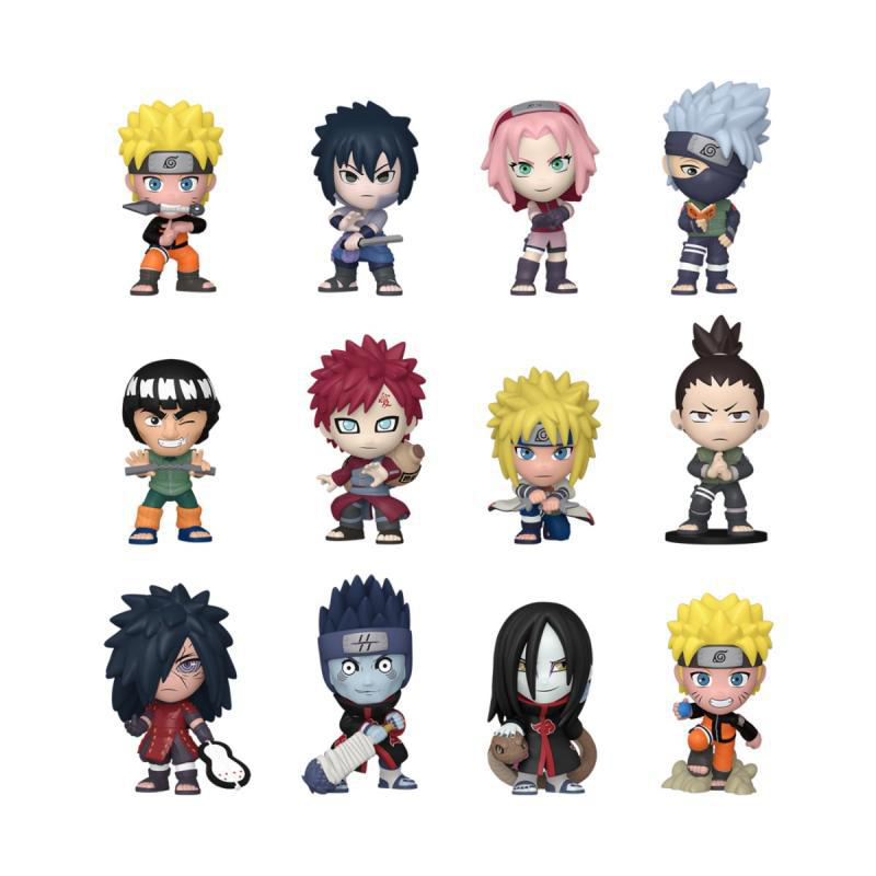 Sammlung von Naruto-Figuren in Gitteranordnung. Verschiedene Charaktere in verschiedenen Posen.