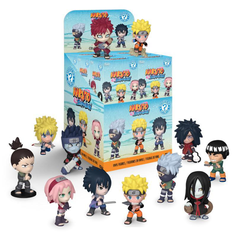 Box mit Naruto Shippuden-Figuren. Mehrere Figuren sind sichtbar, darunter Naruto und Sasuke.