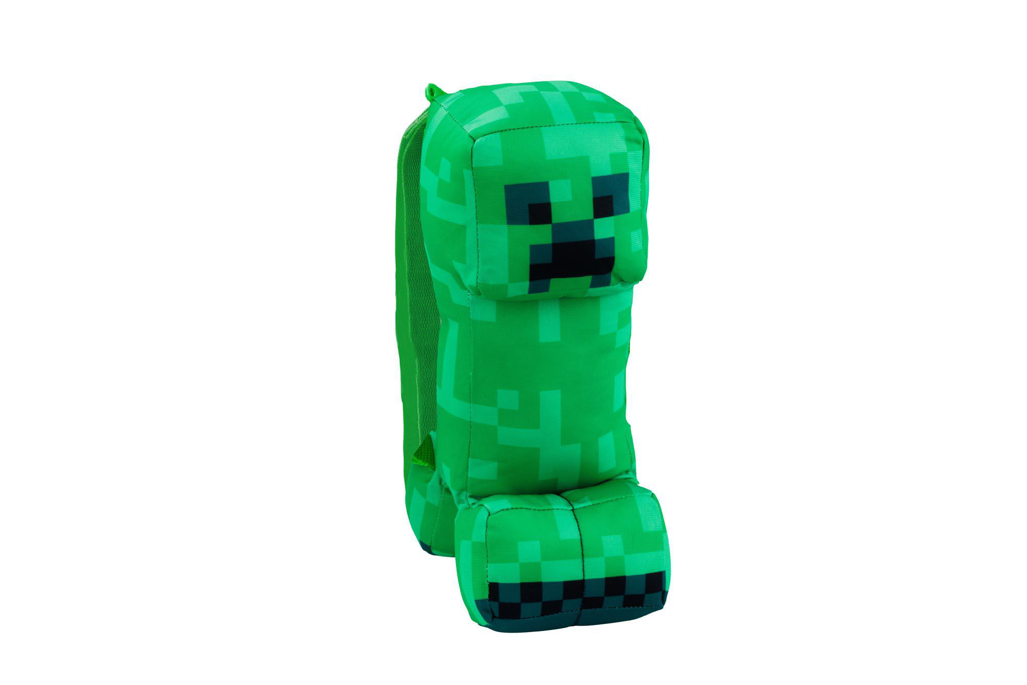 Grüner Minecraft Creeper-Rucksack, aufrecht vor weißem Hintergrund. Pixeliges Design.