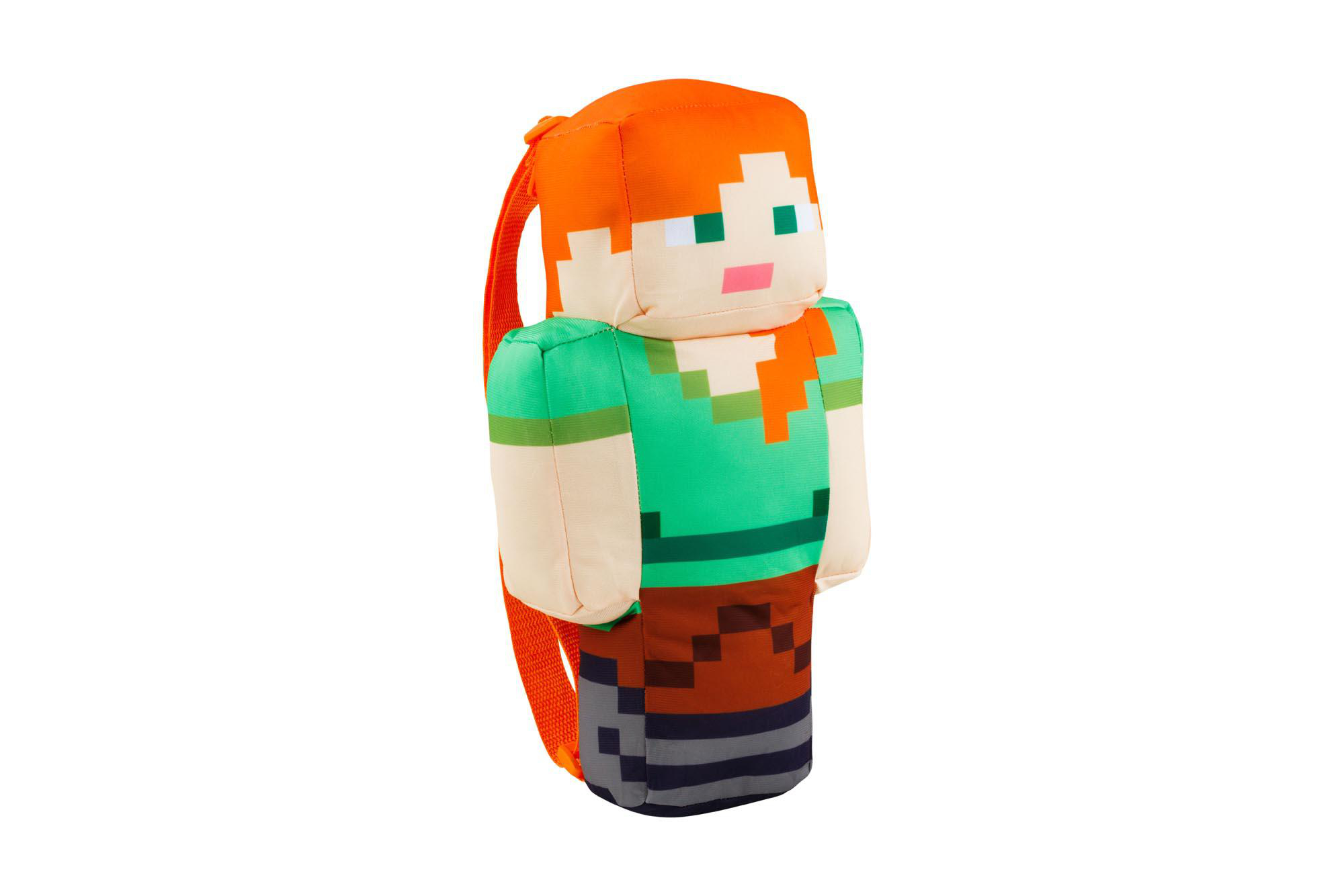Ein Minecraft Alex Plüschrucksack mit orangenen Haaren, grünem Hemd und pixeligen Details.