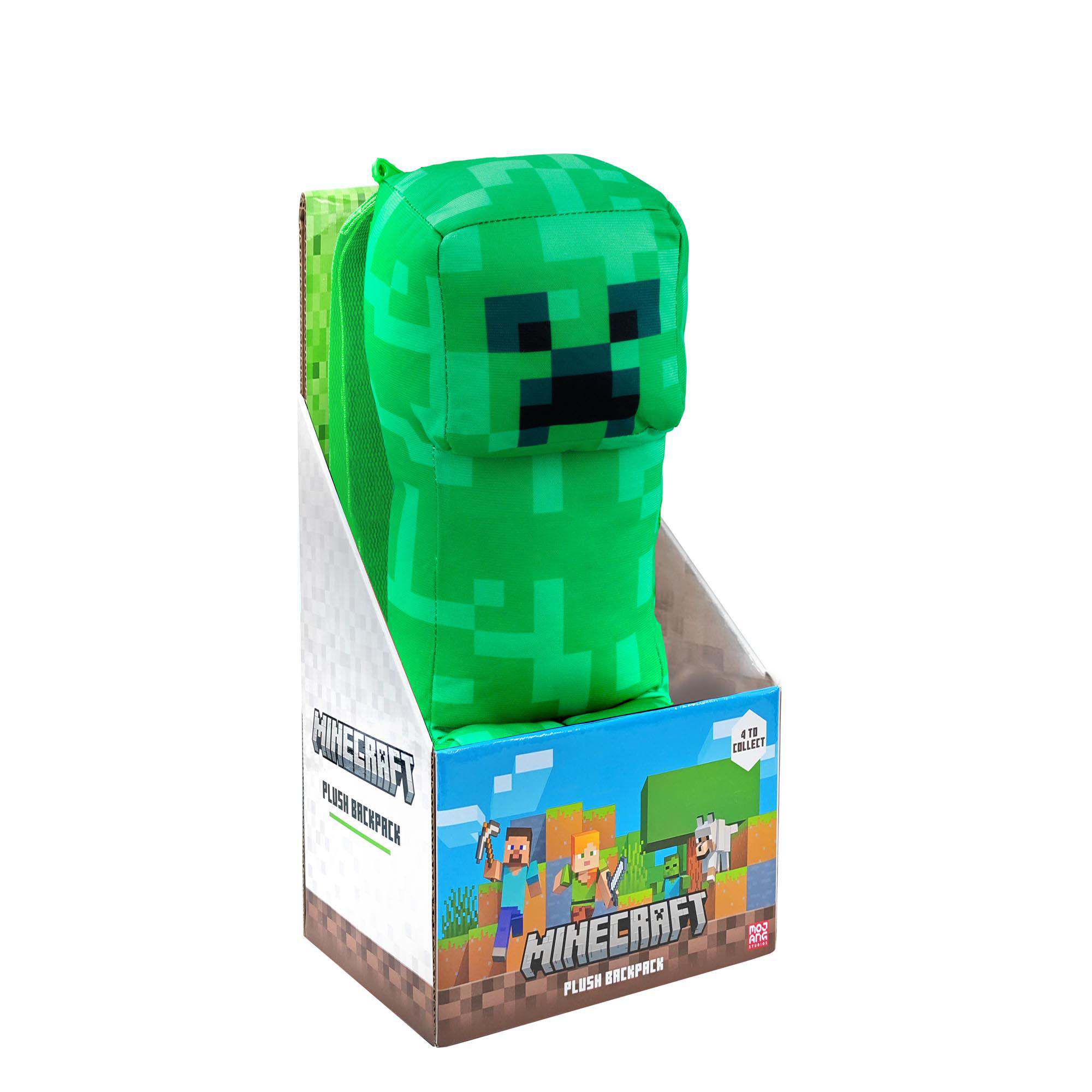 Ein grüner Minecraft-Rucksack sitzt in einer Box. Die Box hat eine Minecraft-Szenen-Grafik darauf.