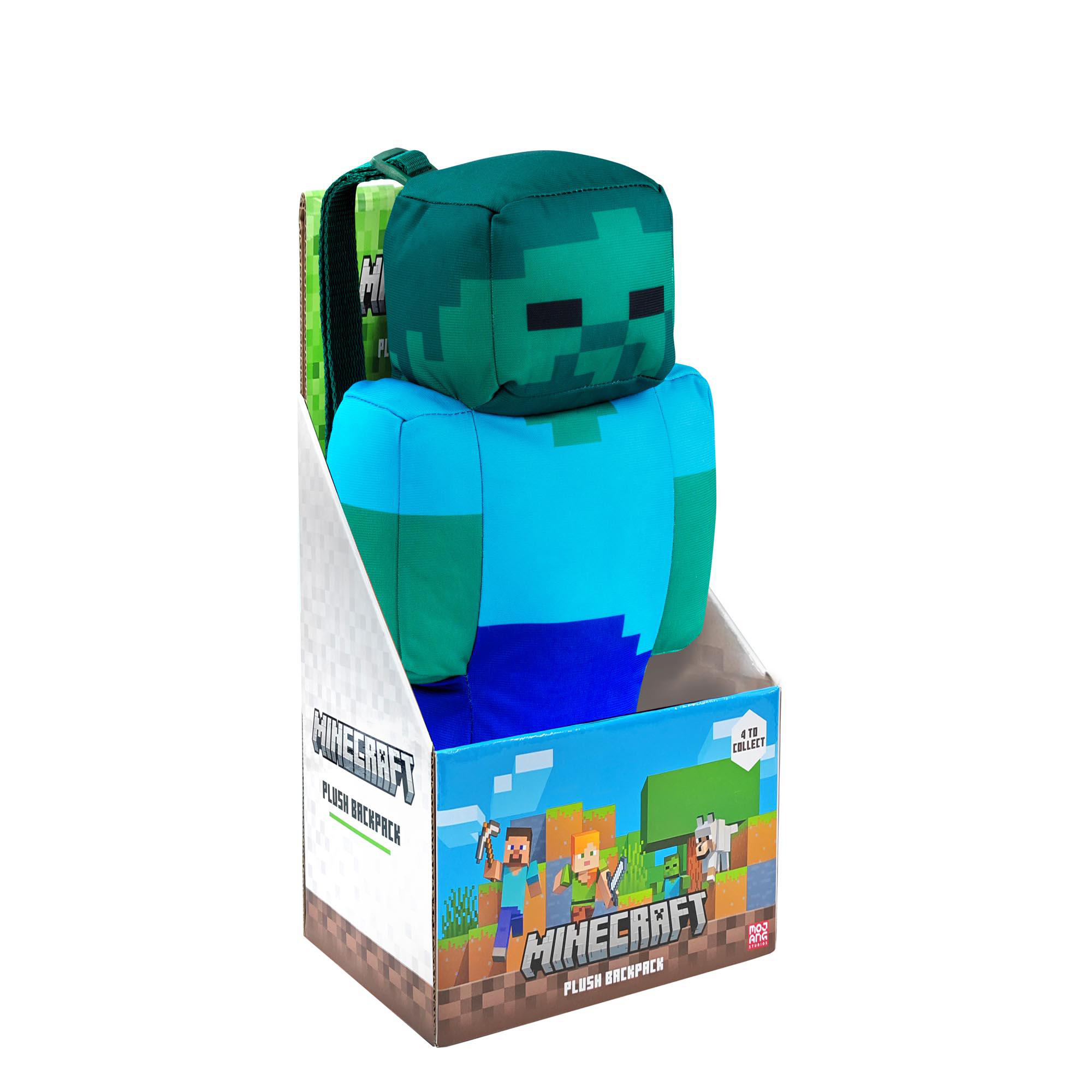 Minecraft Plüschrucksack in einer Ausstellungsbox. Der Rucksack hat einen grünen Zombie-Kopf.