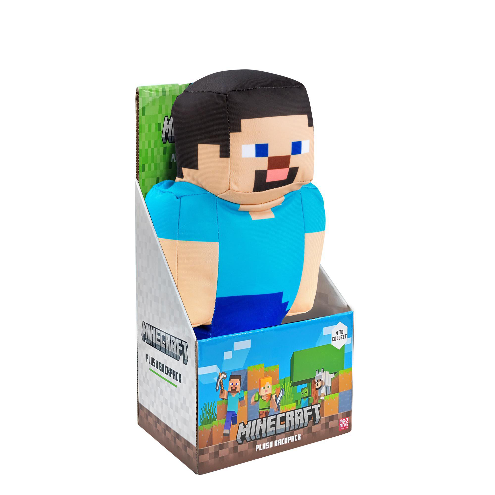 Ein Minecraft-Plüschrucksack mit einem Steve-Plüschtier in einer Displaybox.