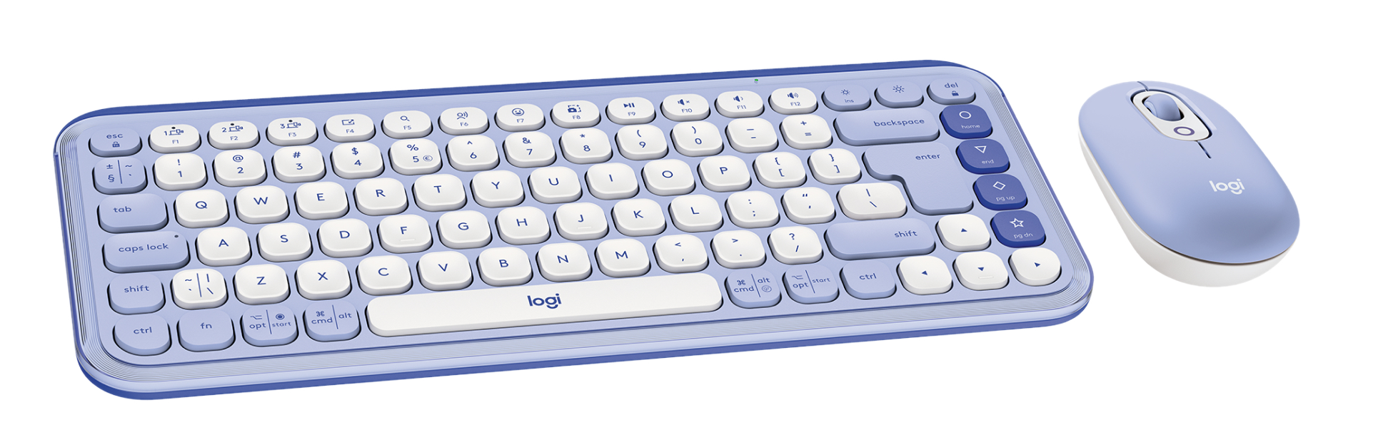 Niebiesko-biała klawiatura i mysz. Są bezprzewodowe i mają minimalistyczny design.