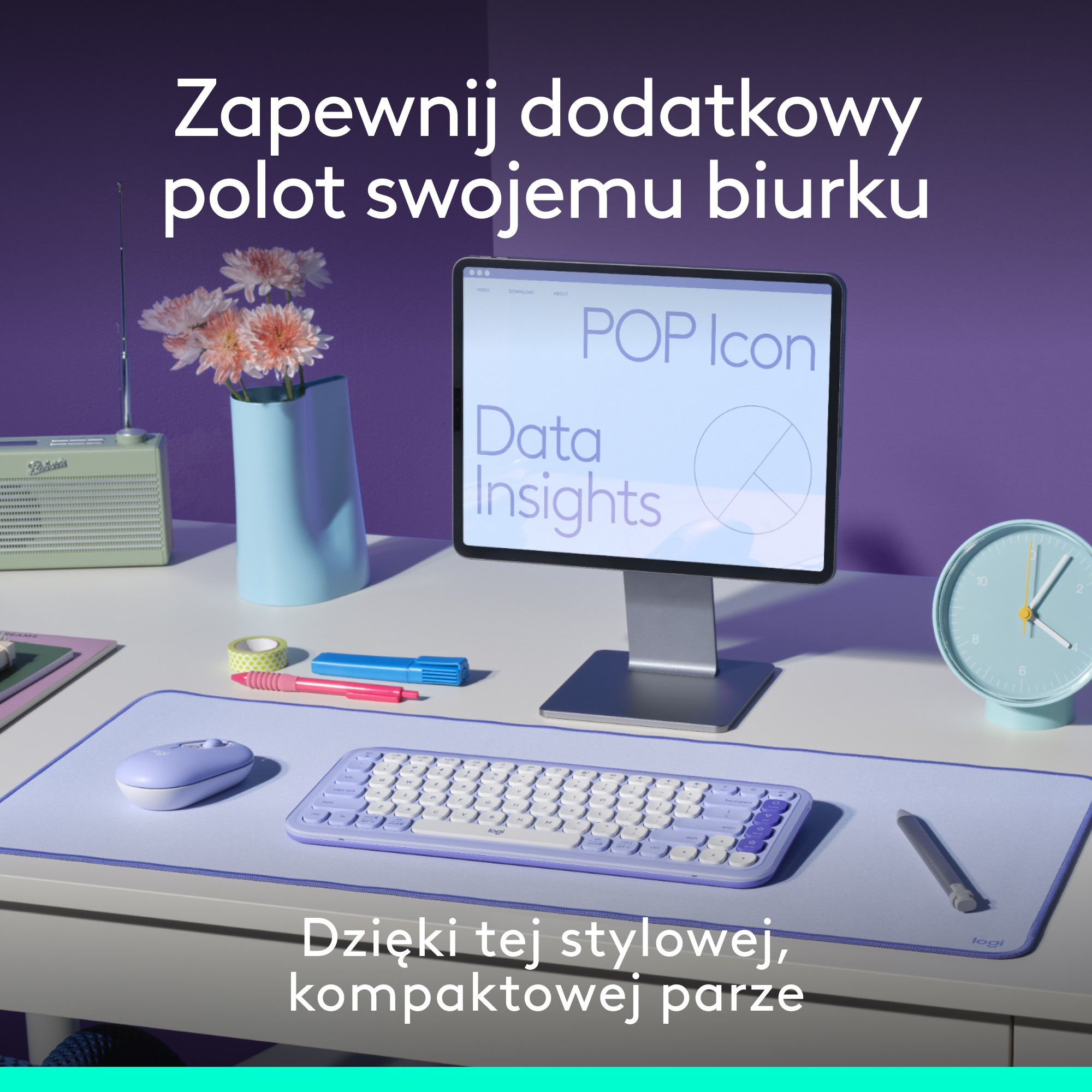 Nowoczesny zestaw biurkowy z klawiaturą, myszą i monitorem.