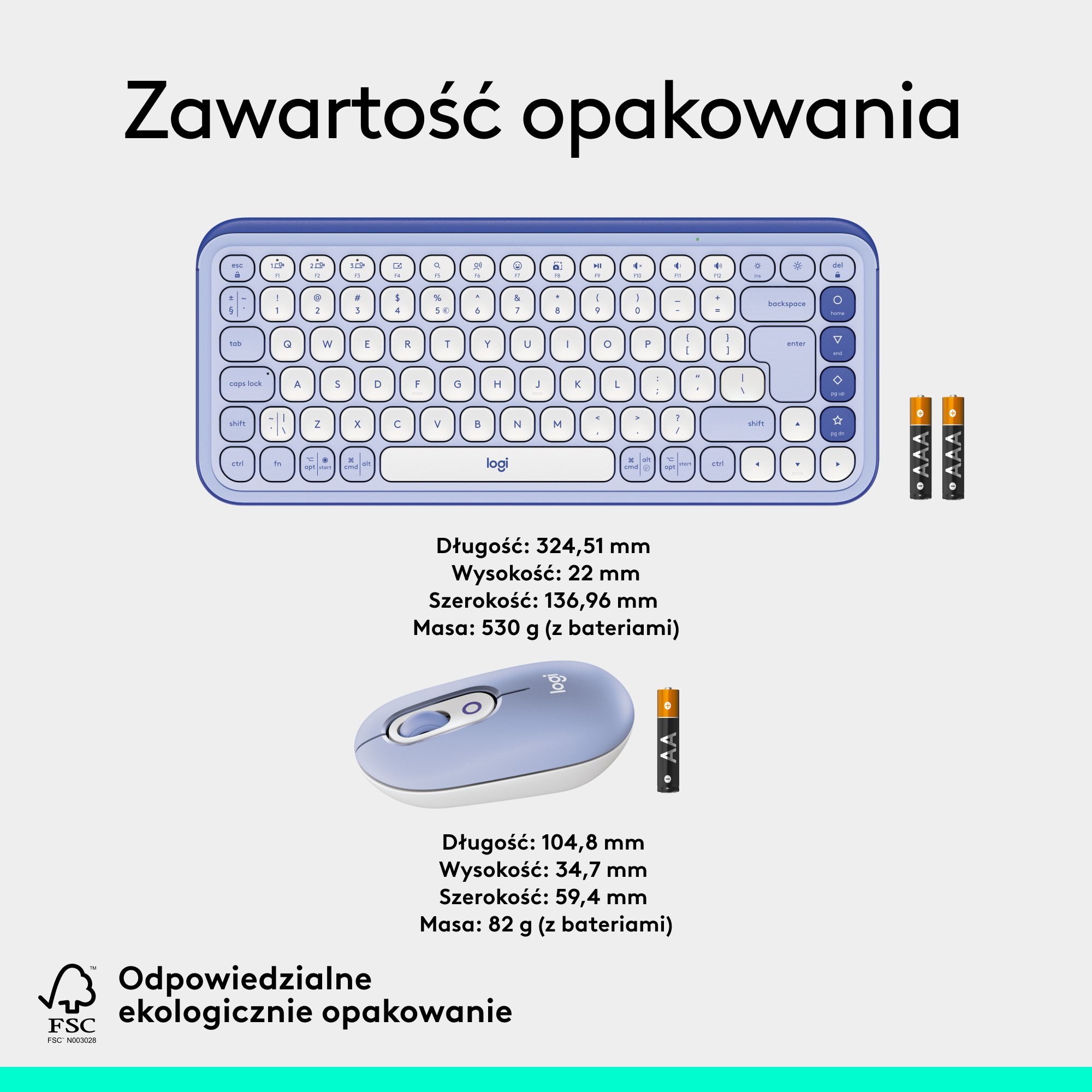 Klawiatura i mysz z wymiarami i bateriami. Niebieska klawiatura i mysz. Białe tło.