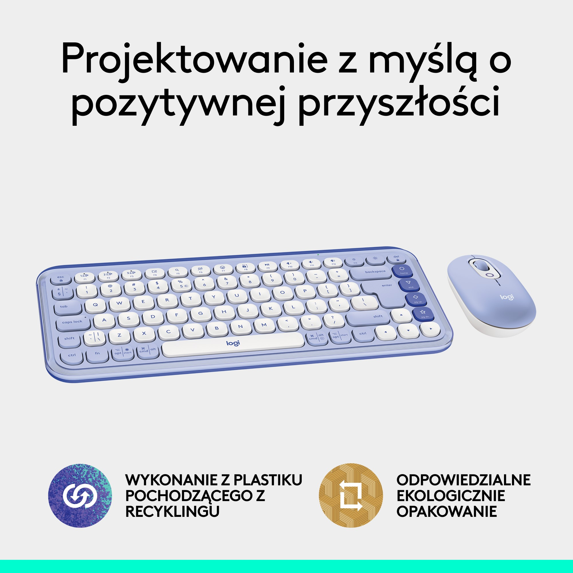 Zestaw klawiatura i mysz. Kolory niebieski i biały. Jasnoniebieskie tło.
