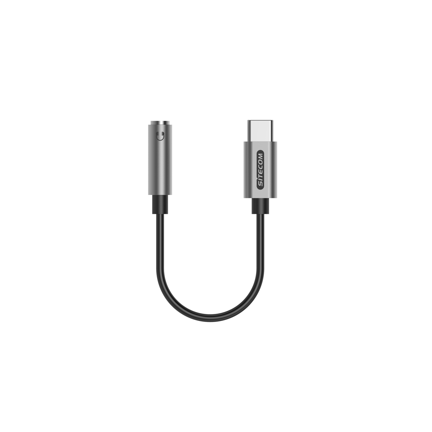 Un adaptateur audio argenté et noir avec un connecteur USB-C et une prise jack 3,5 mm, reliés par un câble noir, sur fond blanc.