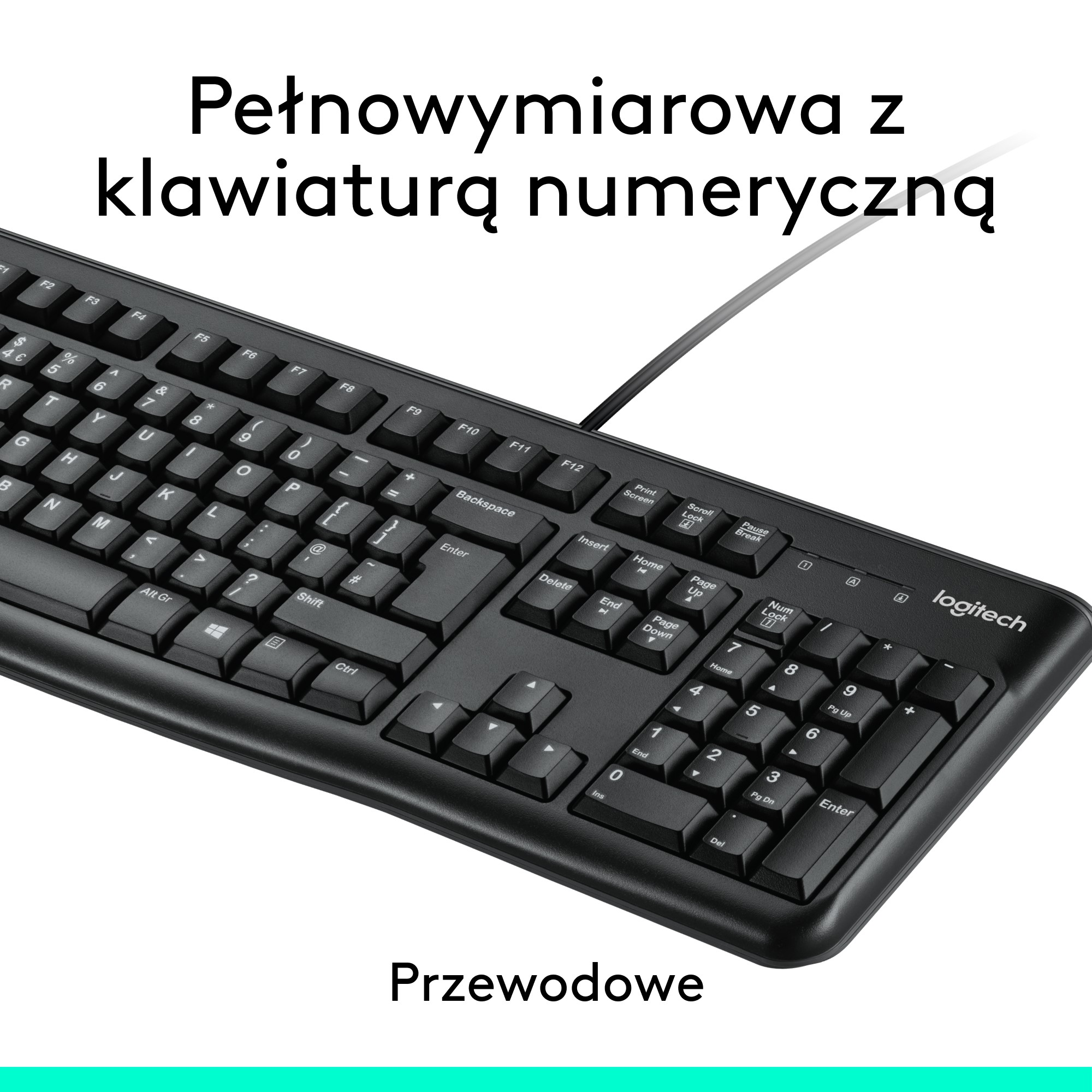 Czarna klawiatura z klawiaturą numeryczną i słowem.