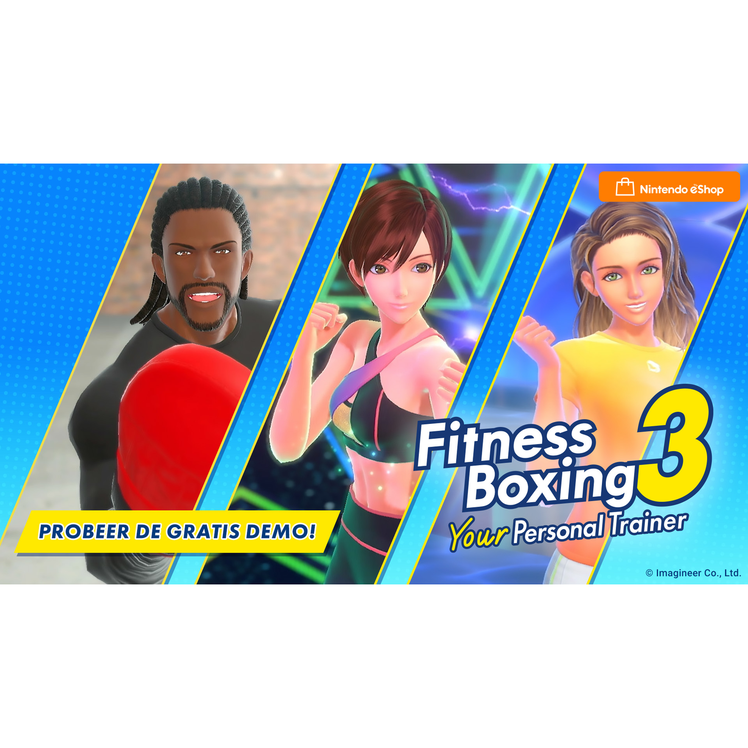 Fitness Boxing 3 game cover met drie geanimeerde figuren.