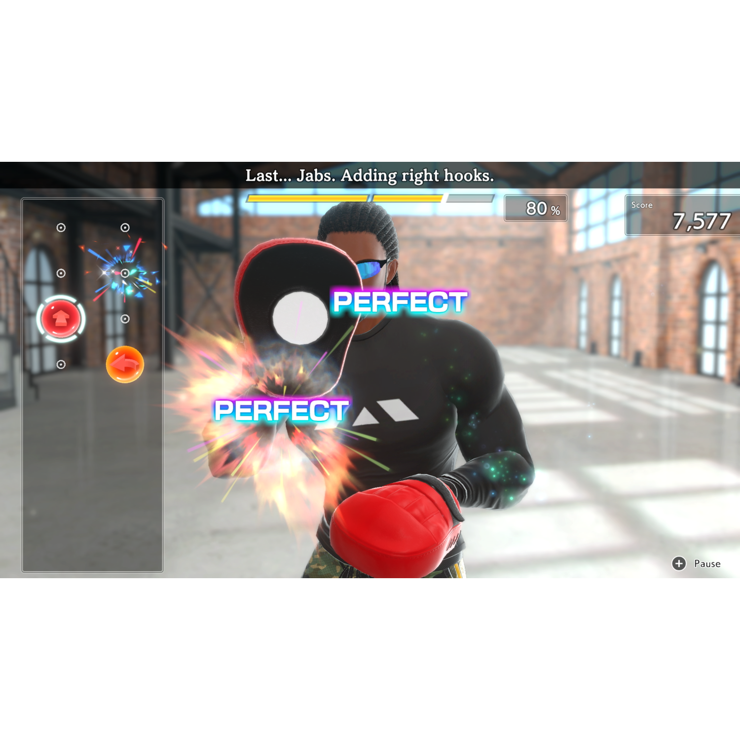 Boksgame-interface. Bokser in het midden met "PERFECT" knipperend. Score en tekstprompts op het scherm.