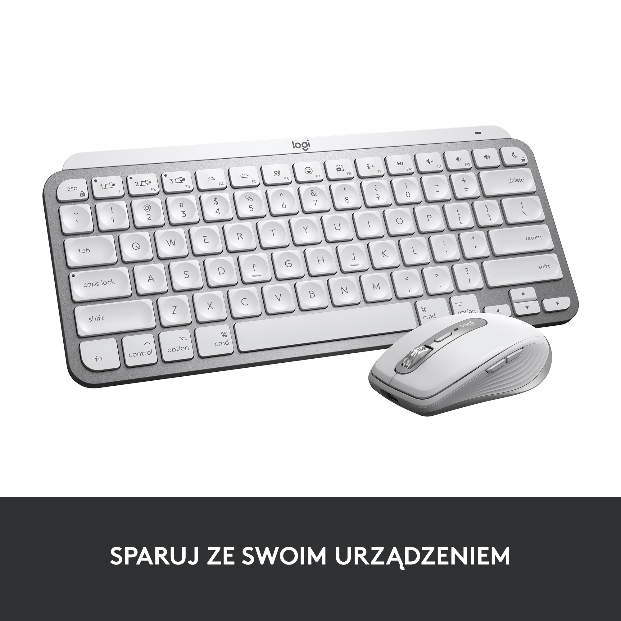 Biały zestaw klawiatura i mysz na białym tle. Zestaw marki Logi.