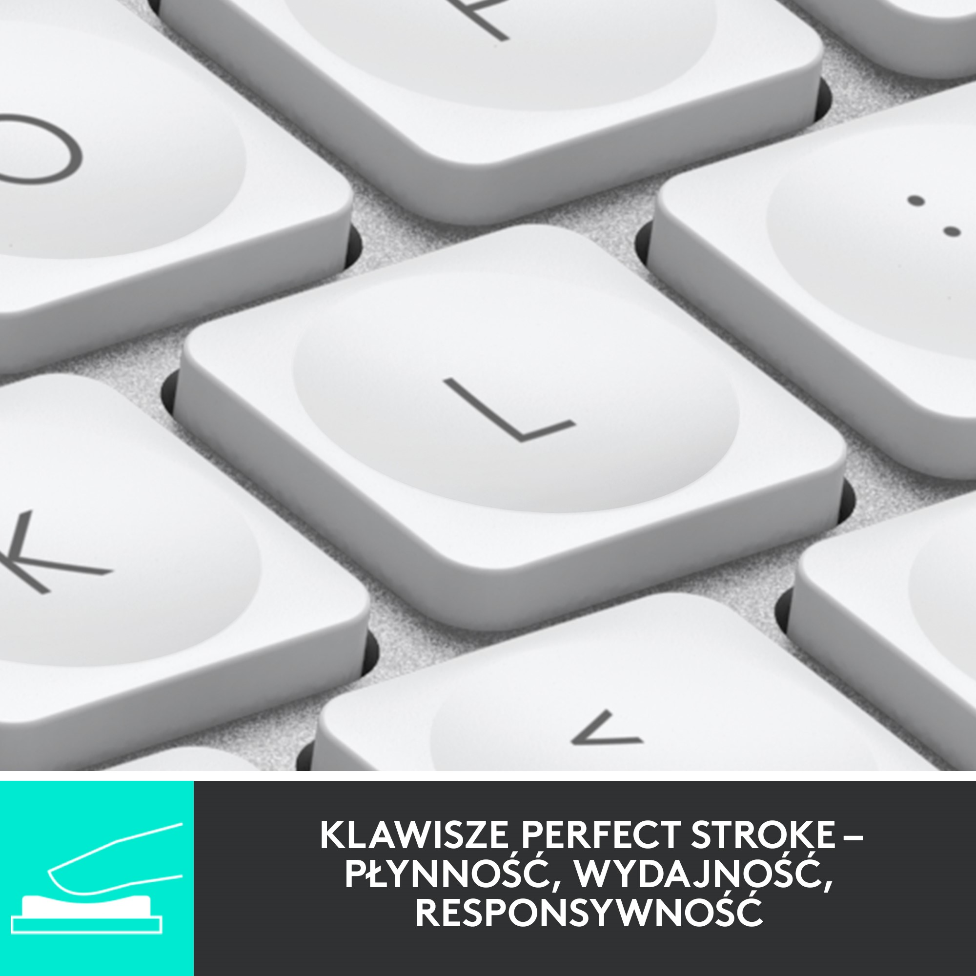 Zbliżenie białych klawiszy klawiatury. Litera 'L' jest wyraźnie widoczna.