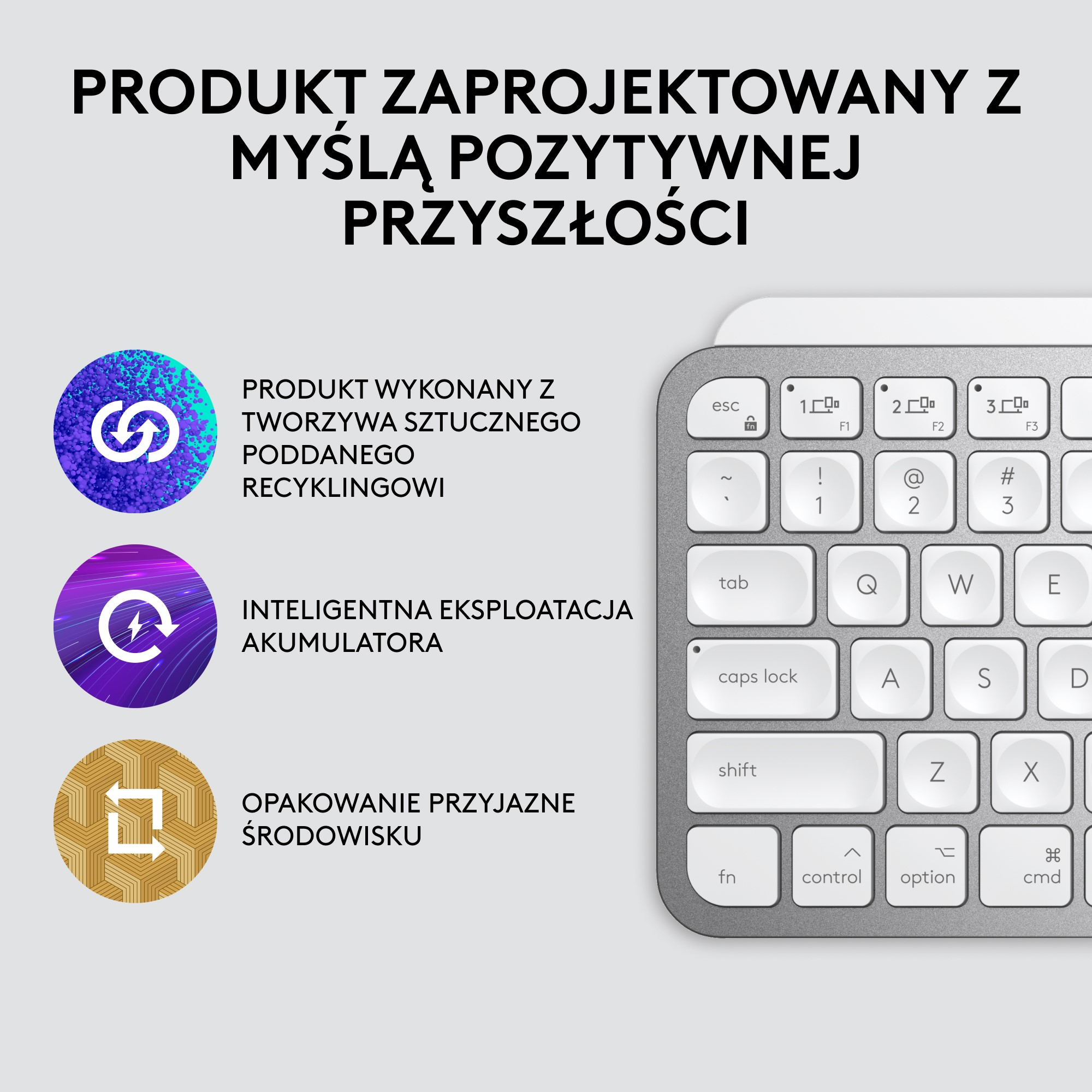 Klawiatura z ikonami zrównoważonego rozwoju i tekstem po polsku. Klawiatura jest srebrna.