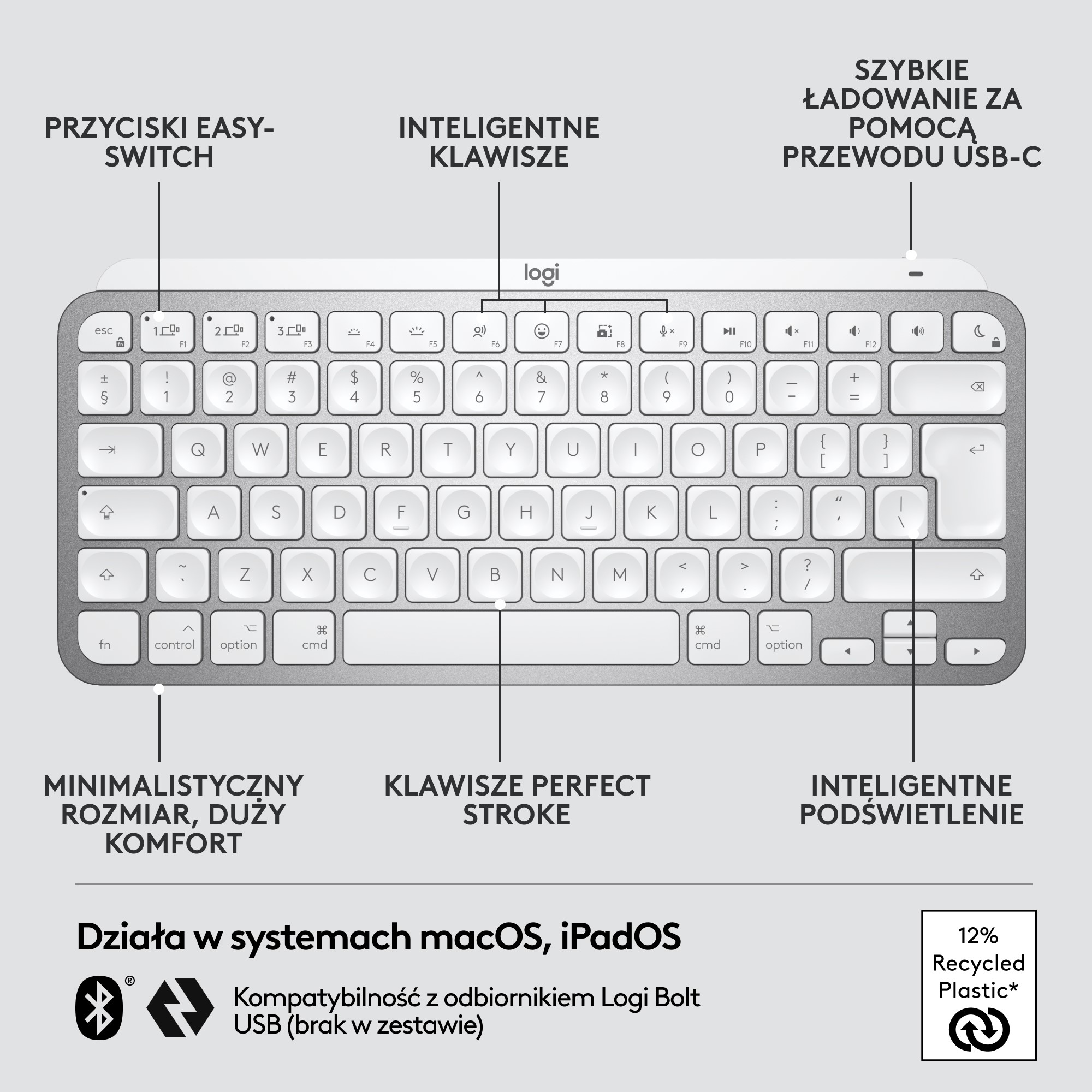Nowoczesna biała klawiatura z szarą ramką i czarnym gładzikiem.