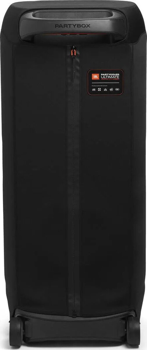 Czarny głośnik w etui z uchwytem. 'PARTYBOX' u góry. Koła na dole.