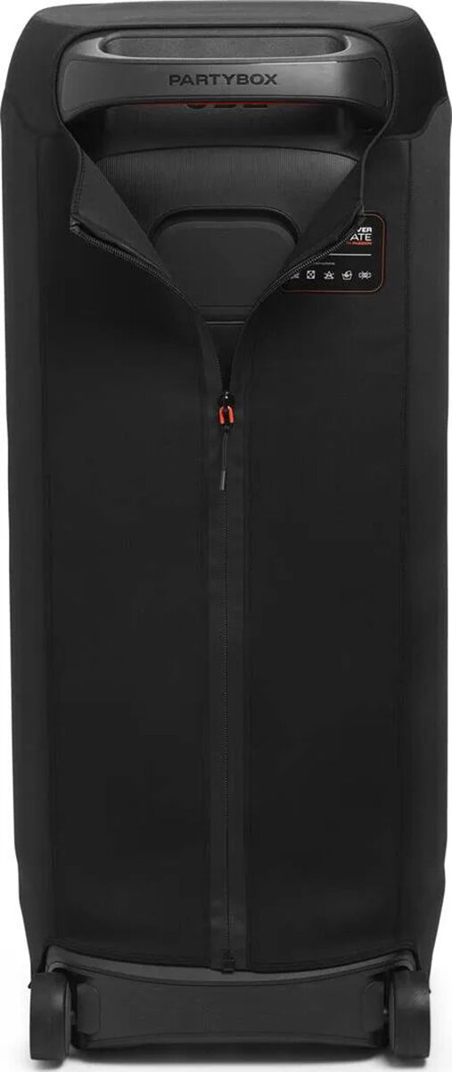 Czarny głośnik pokryty czarnym materiałem, z zamkiem błyskawicznym z przodu.