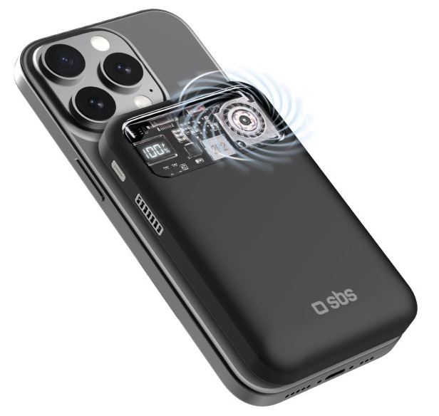 Czarny power bank podłączony do telefonu. Posiada wyświetlacz pokazujący procent naładowania baterii.