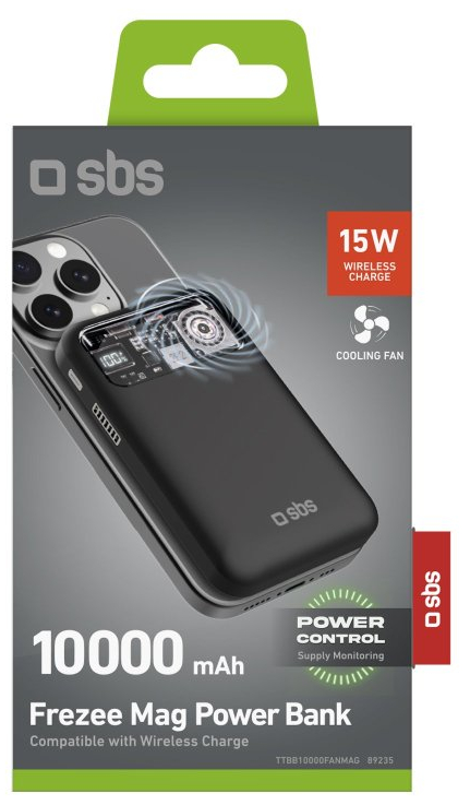 Czarny power bank z telefonem na nim. '15W Wireless Charge' napisane na obudowie.