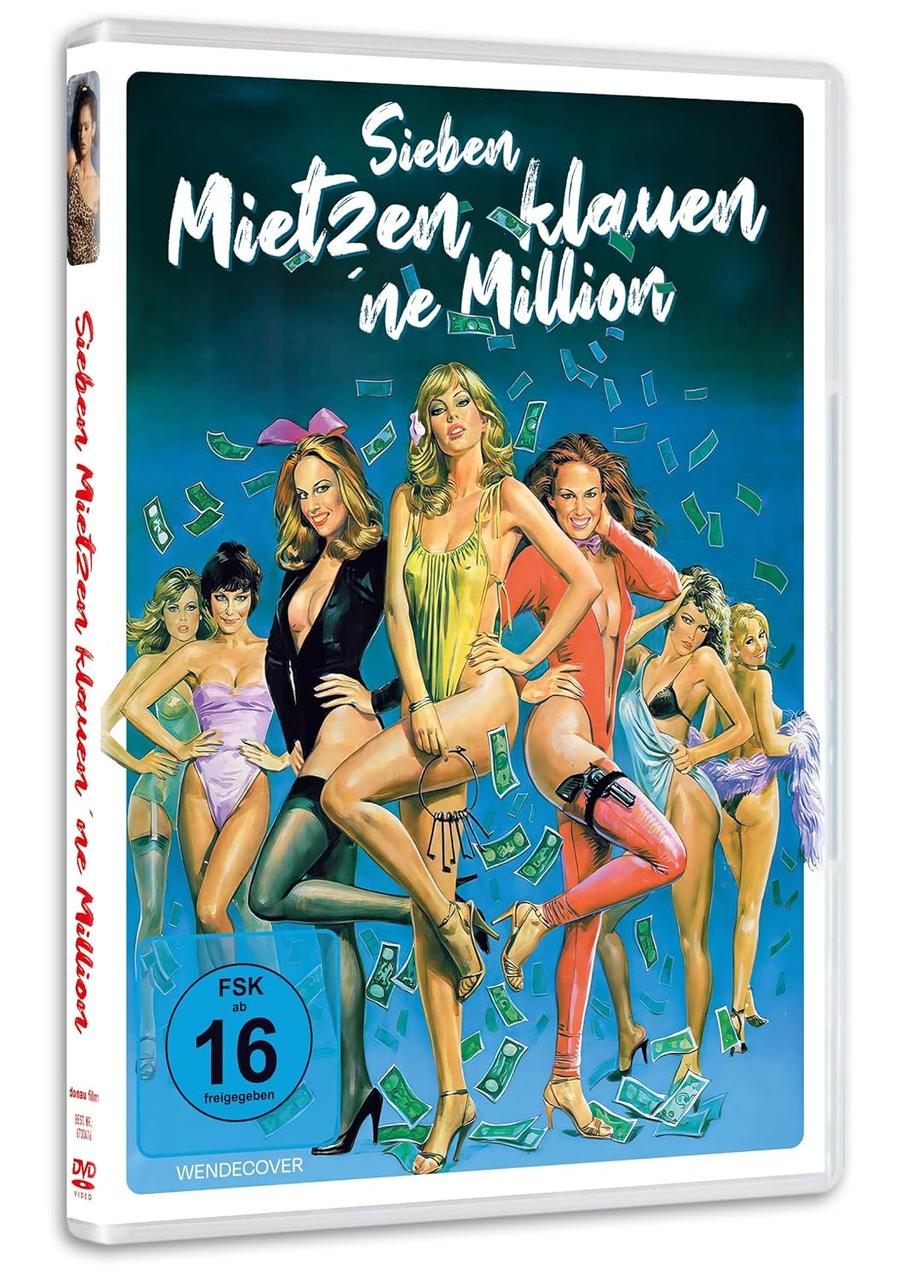 DVD-Hülle für 'Sieben Mietzen klauen 'ne Million', Cover mit Frauen in Badeanzügen und Geld.
