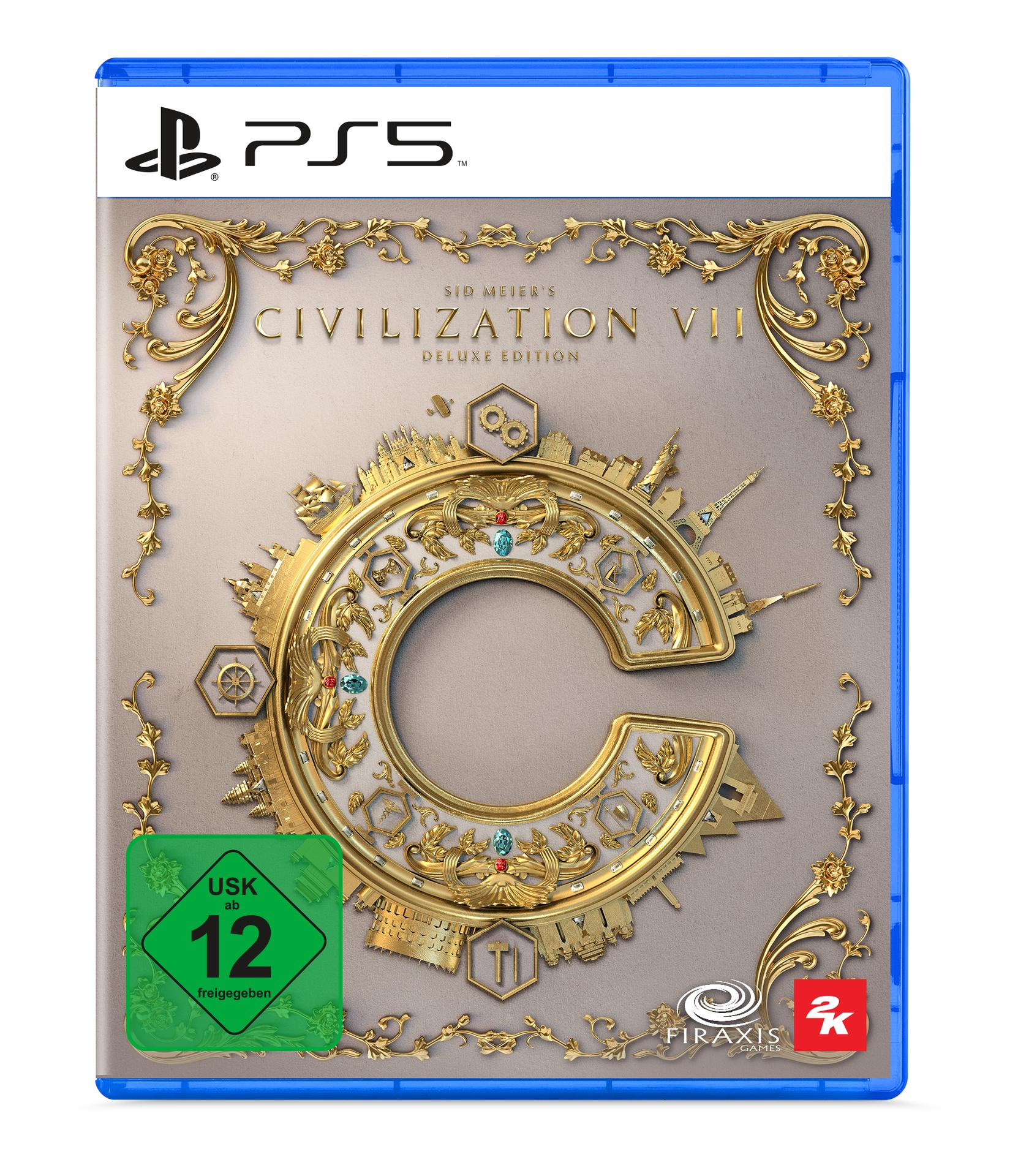 PS5-Spielhülle für 'Civilization VII'. Golddesign mit Wahrzeichen. Blaues Gehäuse.