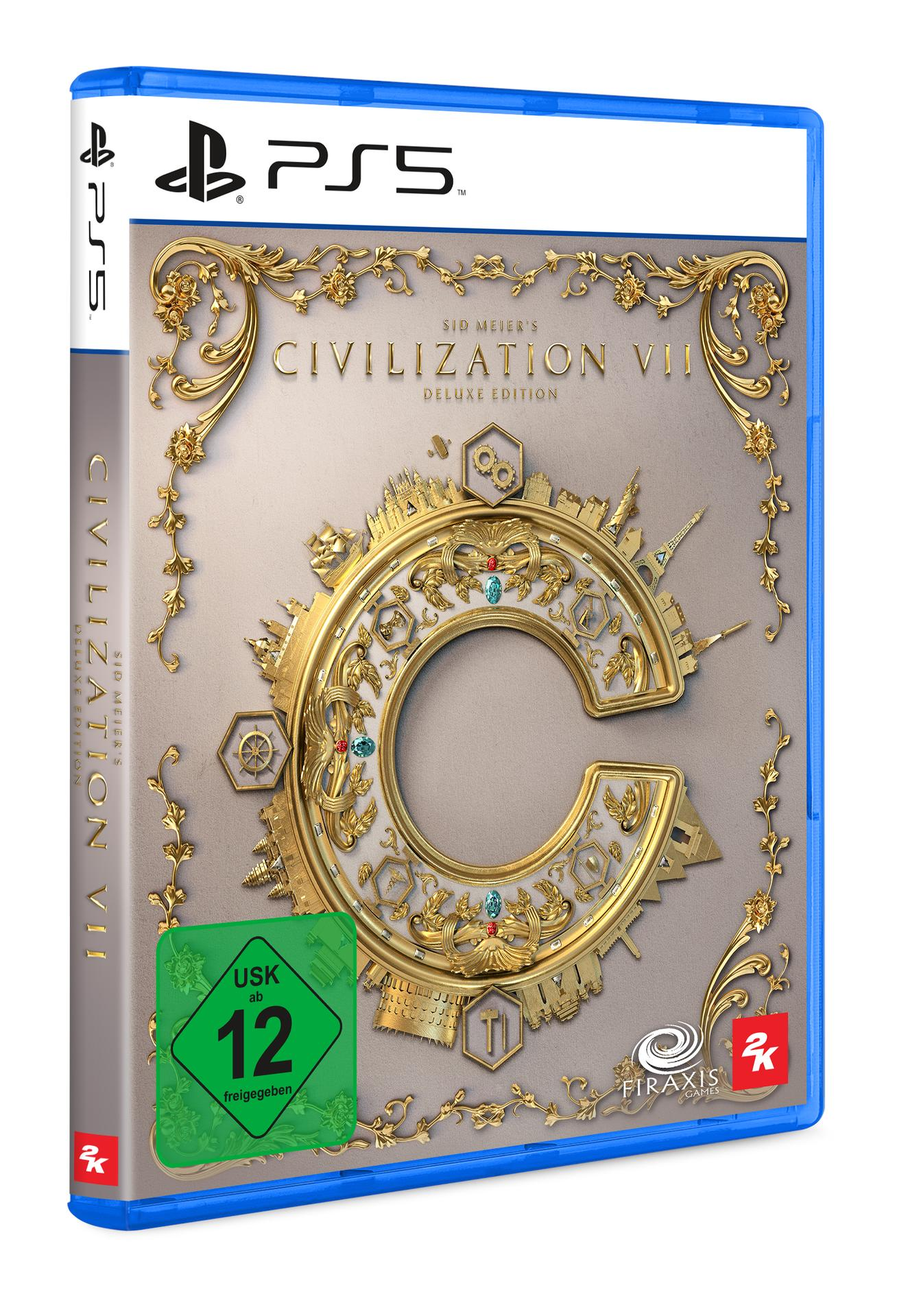 Civilization VII Spielbox. Blaue Hülle, Golddesign, Bewertung, Logo.