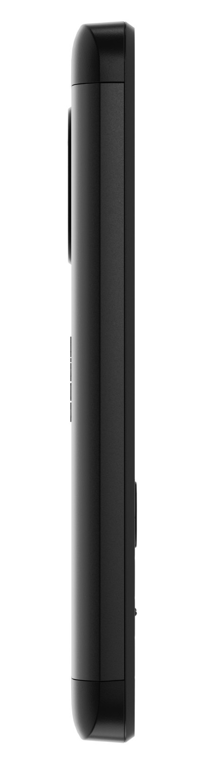 Widok z boku czarnego telefonu Nokia. Pokazuje krawędź telefonu, bez widocznych przycisków.