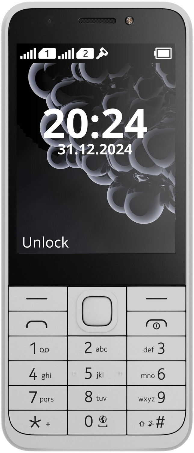 Biały telefon Nokia. Wyświetlacz pokazuje godzinę 20:24, datę 31.12.2024 i słowo Odblokuj.