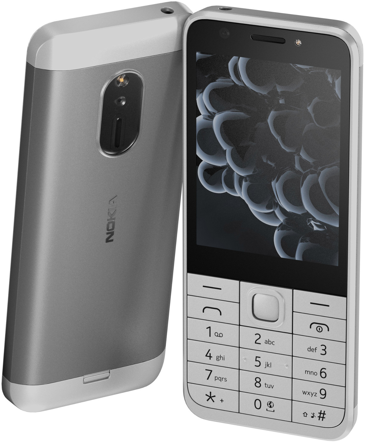 Srebrny telefon Nokia z czarnym ekranem, designem i klawiaturą.