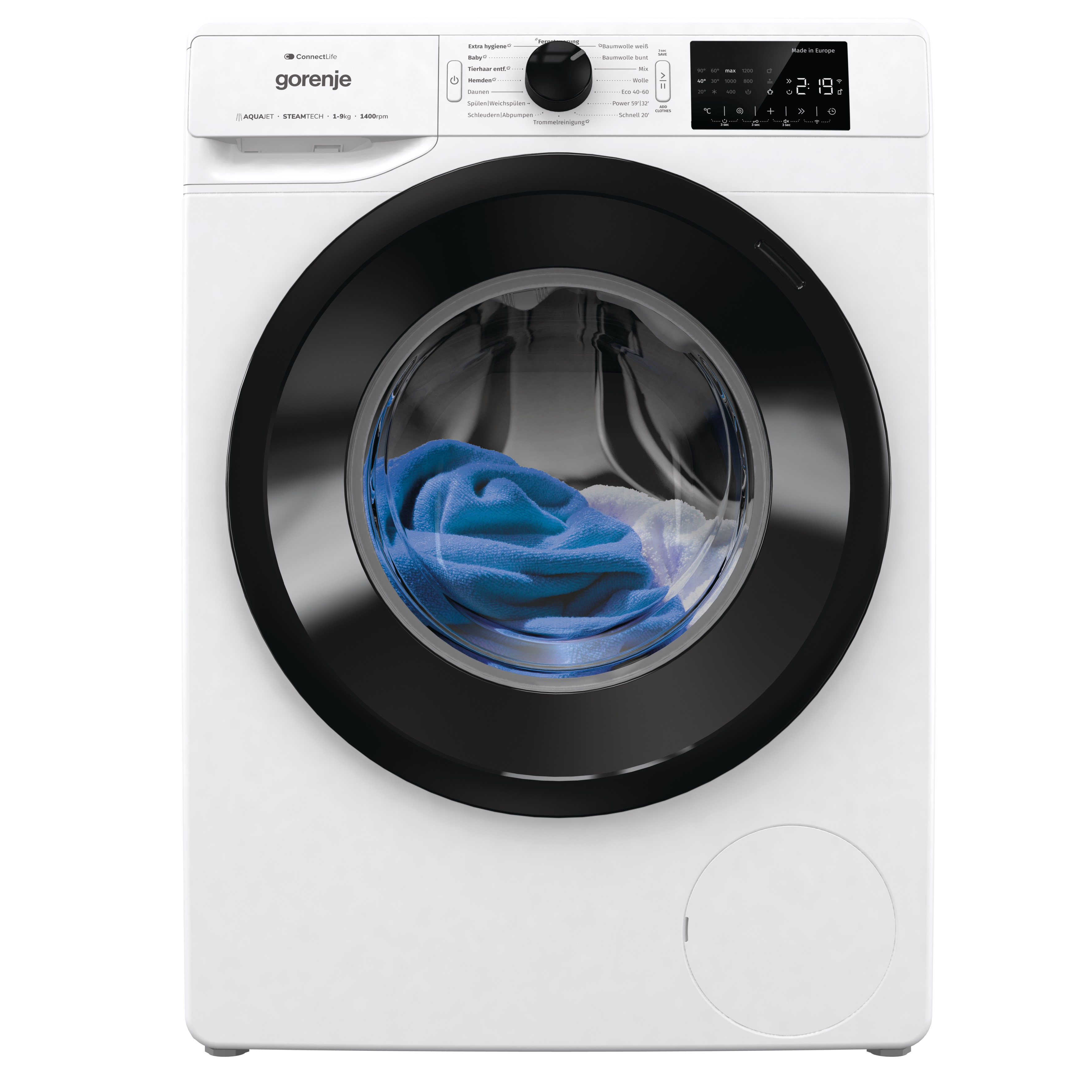 Waschmaschine mit schwarzer Tür, weißem Gehäuse und digitaler Anzeige.