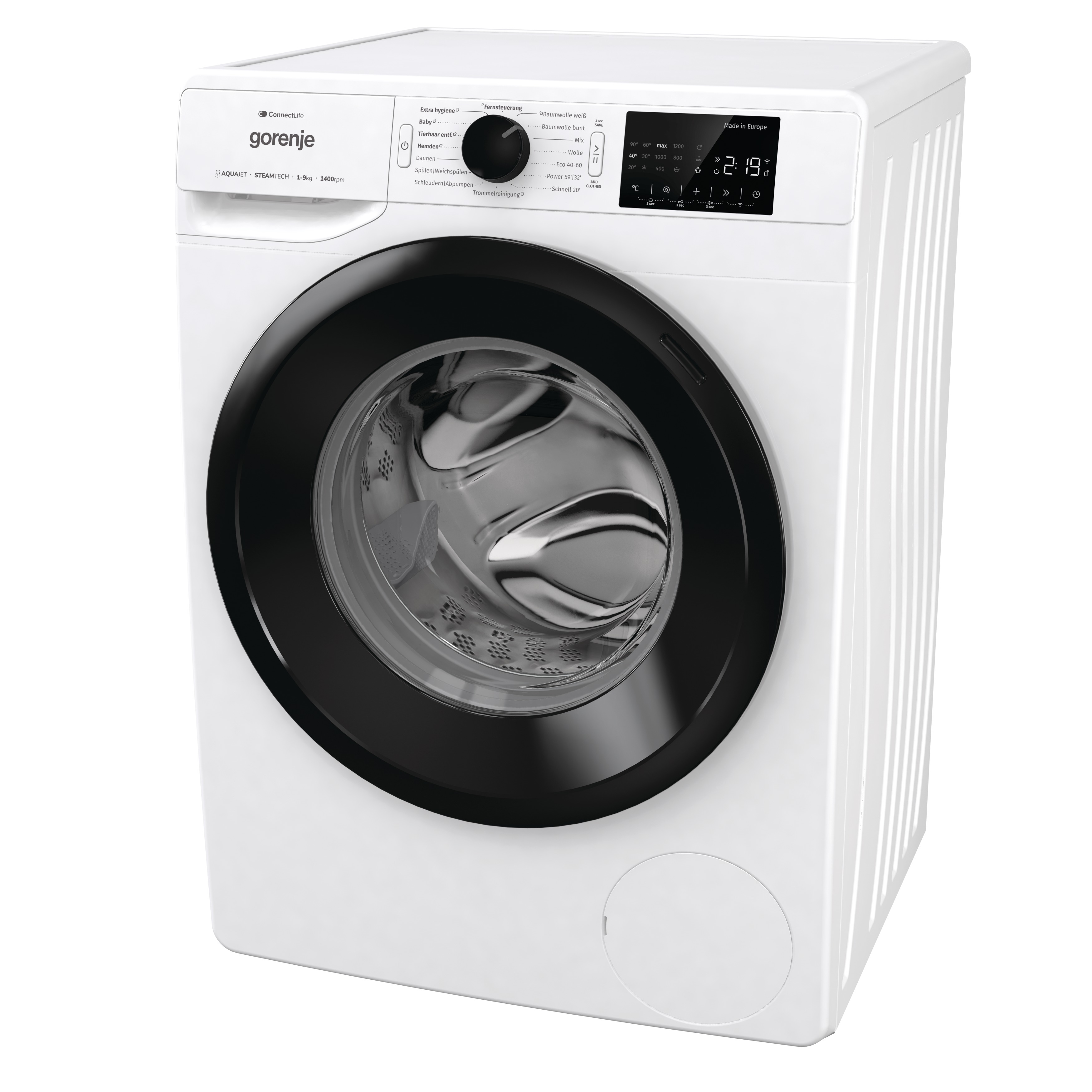Weiße Gorenje Waschmaschine mit schwarzer Tür.