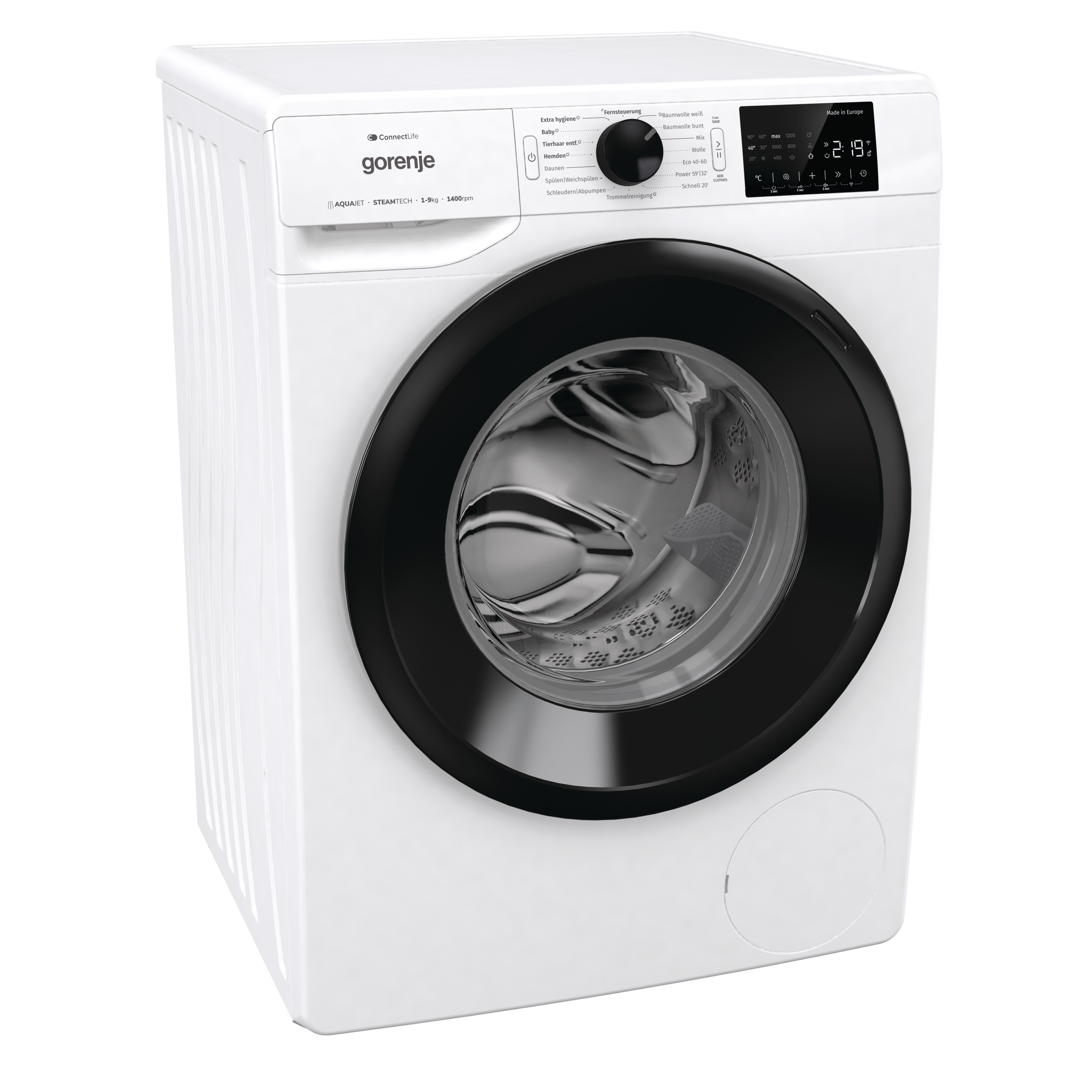 Weiße Waschmaschine mit schwarzer Tür. Bedienelemente oben rechts. Gorenje-Logo oben links.