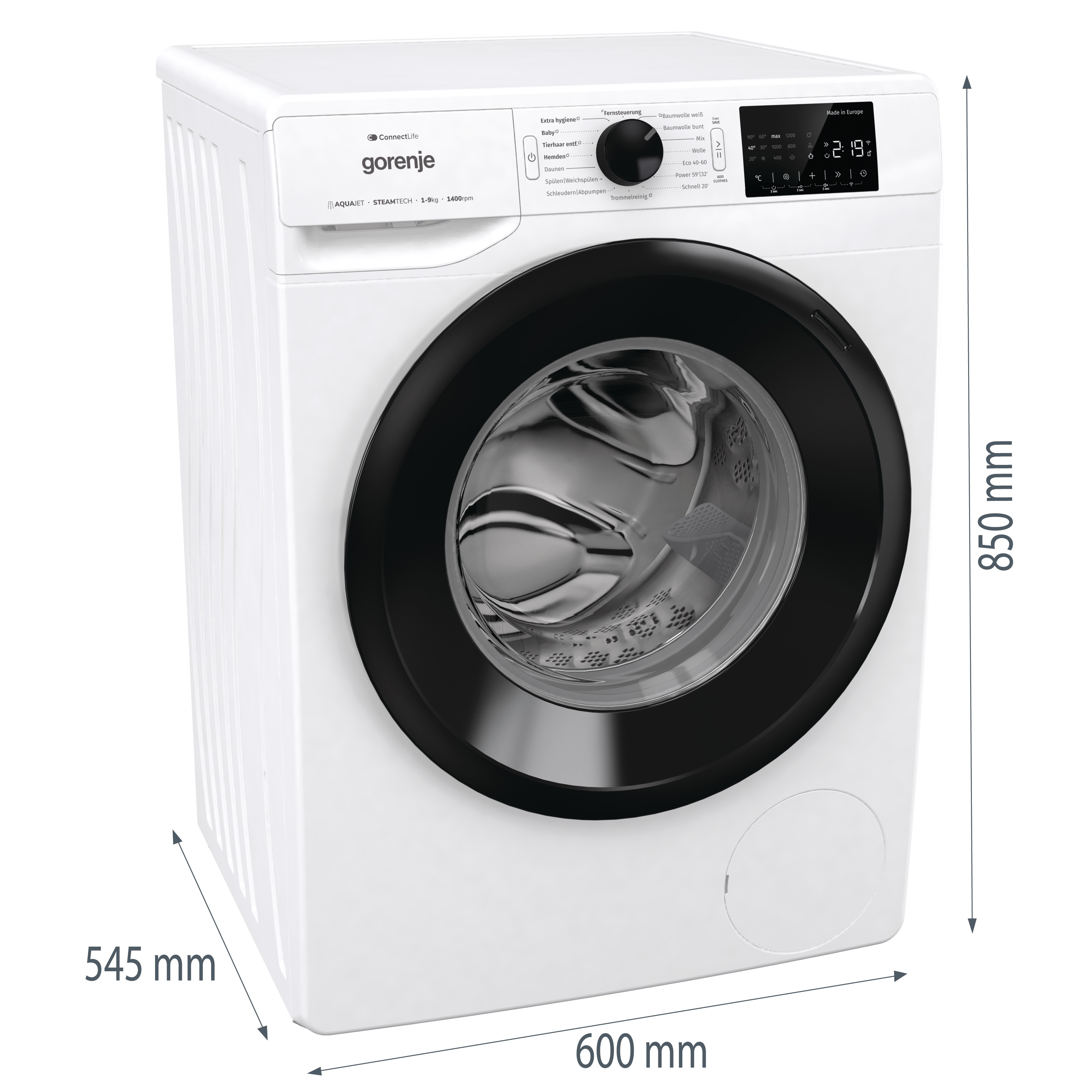 Weiße Waschmaschine. Sie hat eine schwarze Tür und ein digitales Display. Abmessungen sind ebenfalls angegeben.