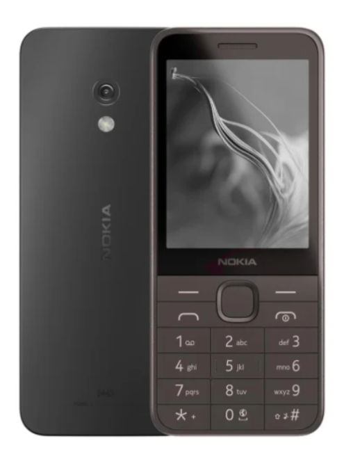 Telefon Nokia. Ciemnoszary, przód i tył klasycznego telefonu komórkowego.