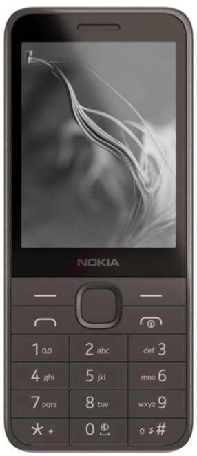 Telefon komórkowy Nokia, ciemnoszary, z monochromatycznym abstrakcyjnym obrazem na ekranie.