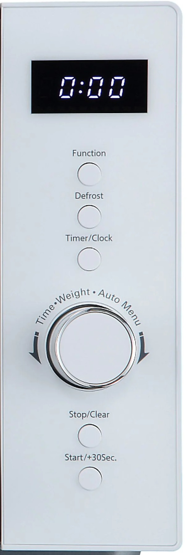 Panel sterowania białą kuchenką mikrofalową. Wyświetlacz pokazuje 0:00. Widoczne funkcje rozmrażania i timera.