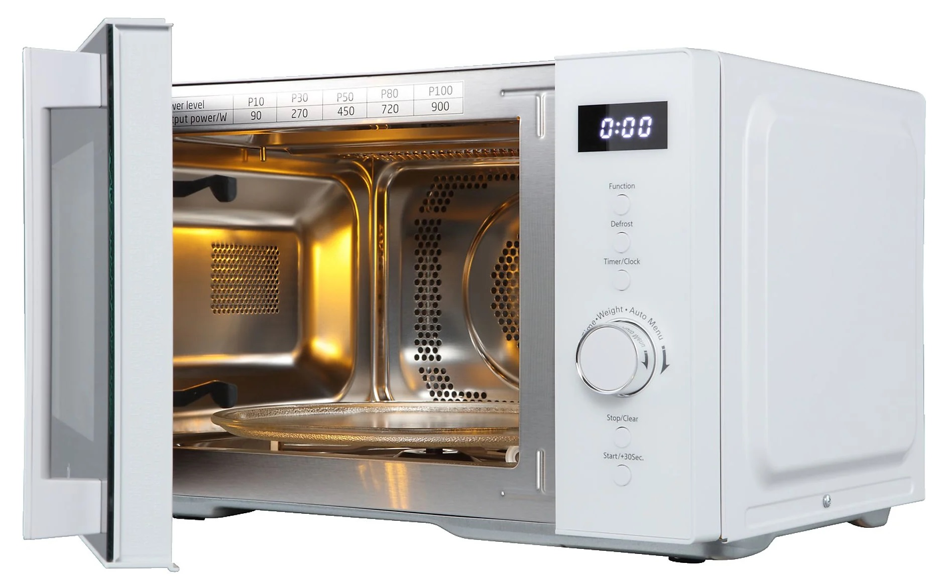 Biała kuchenka mikrofalowa z otwartymi drzwiami. Widoczne wnętrze, z obracającym się szklanym talerzem.