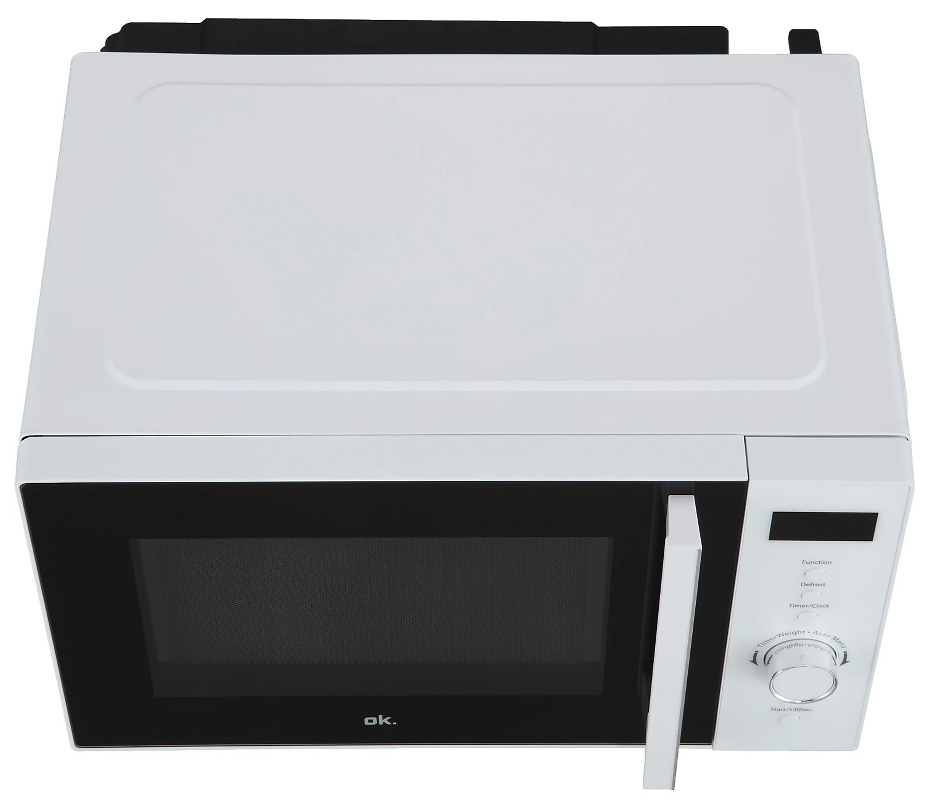 Widok z góry na białą kuchenkę mikrofalową z otwartymi drzwiami. Widoczny panel sterowania i wnętrze.