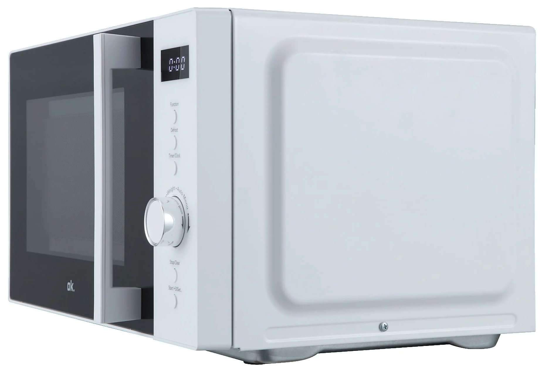 Biała kuchenka mikrofalowa z otwartymi drzwiami. Widoczny wyświetlacz cyfrowy i przyciski sterowania.