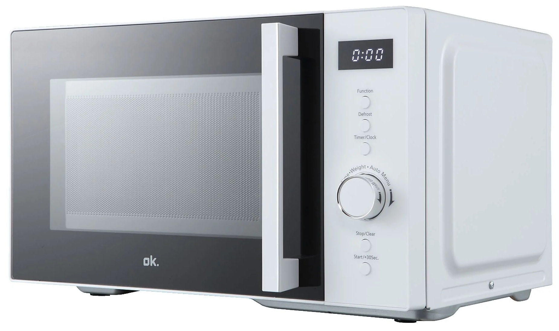 Biała kuchenka mikrofalowa z czarnymi drzwiami i panelem.