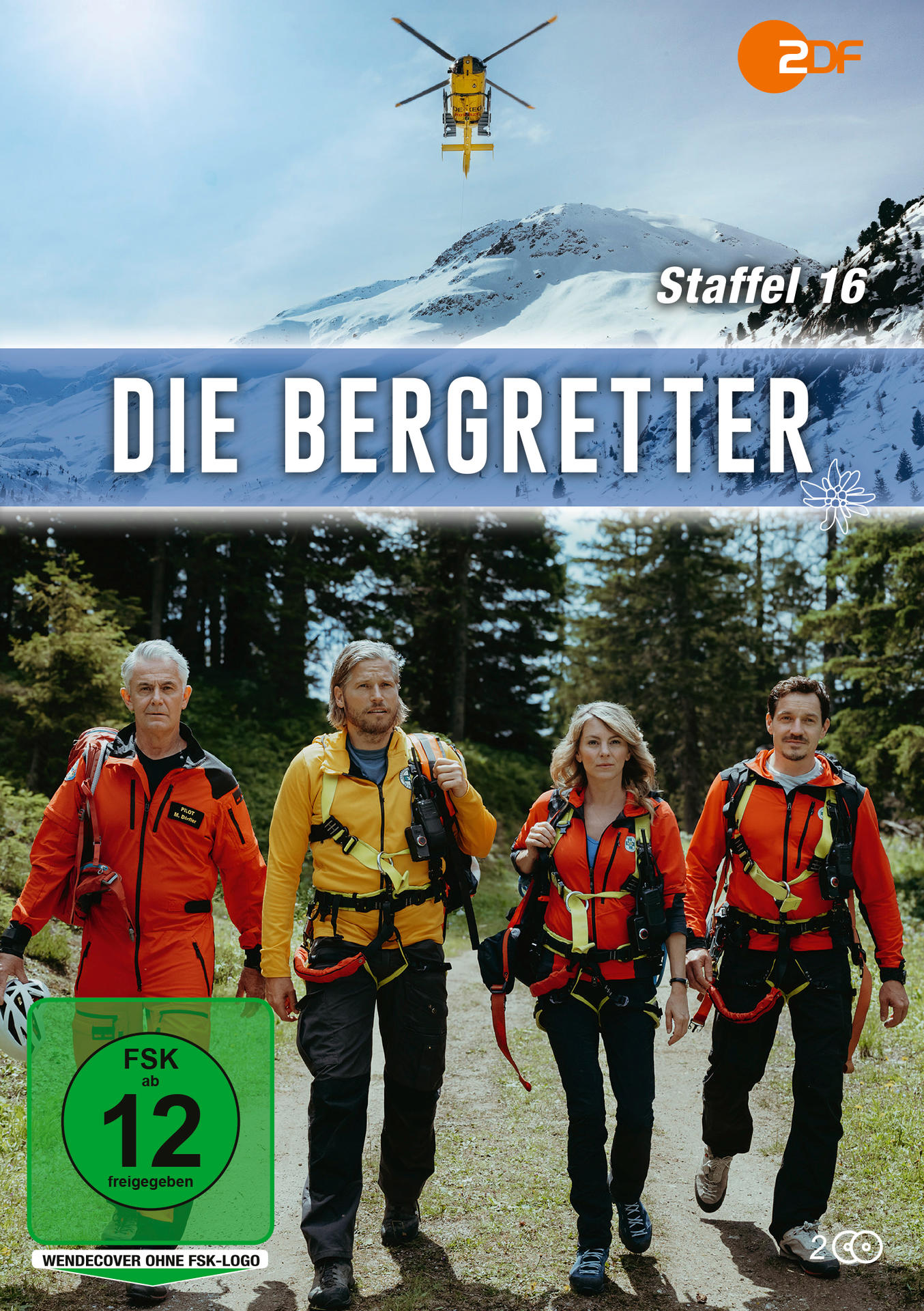 Filmposter für Die Bergretter, mit vier Personen in orangefarbenen Jacken, die auf den Betrachter zugehen.