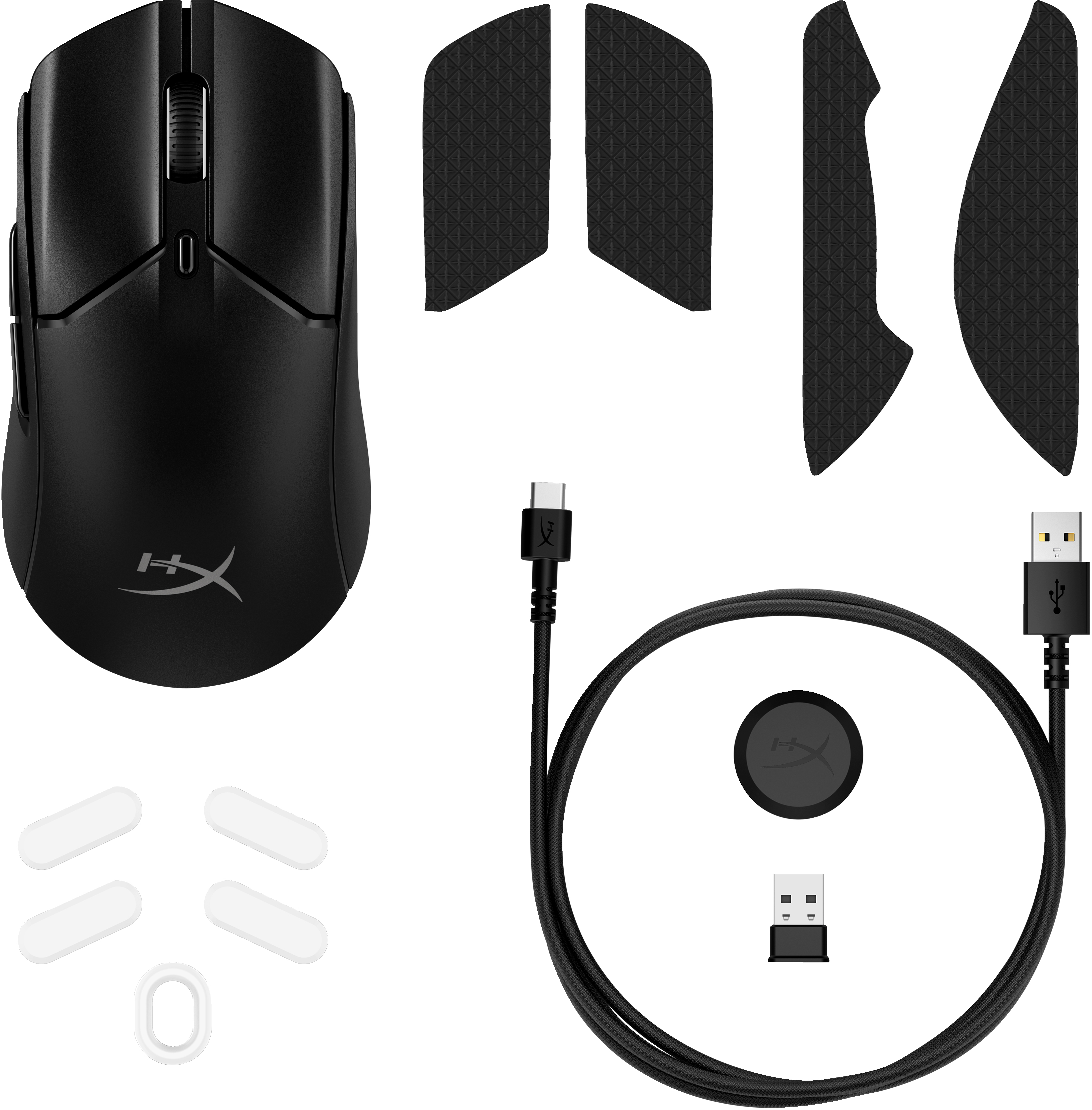 Schwarze HyperX Gaming-Maus mit Zubehör: Griffbänder, Kabel, kabelloser Dongle und Aufkleber.