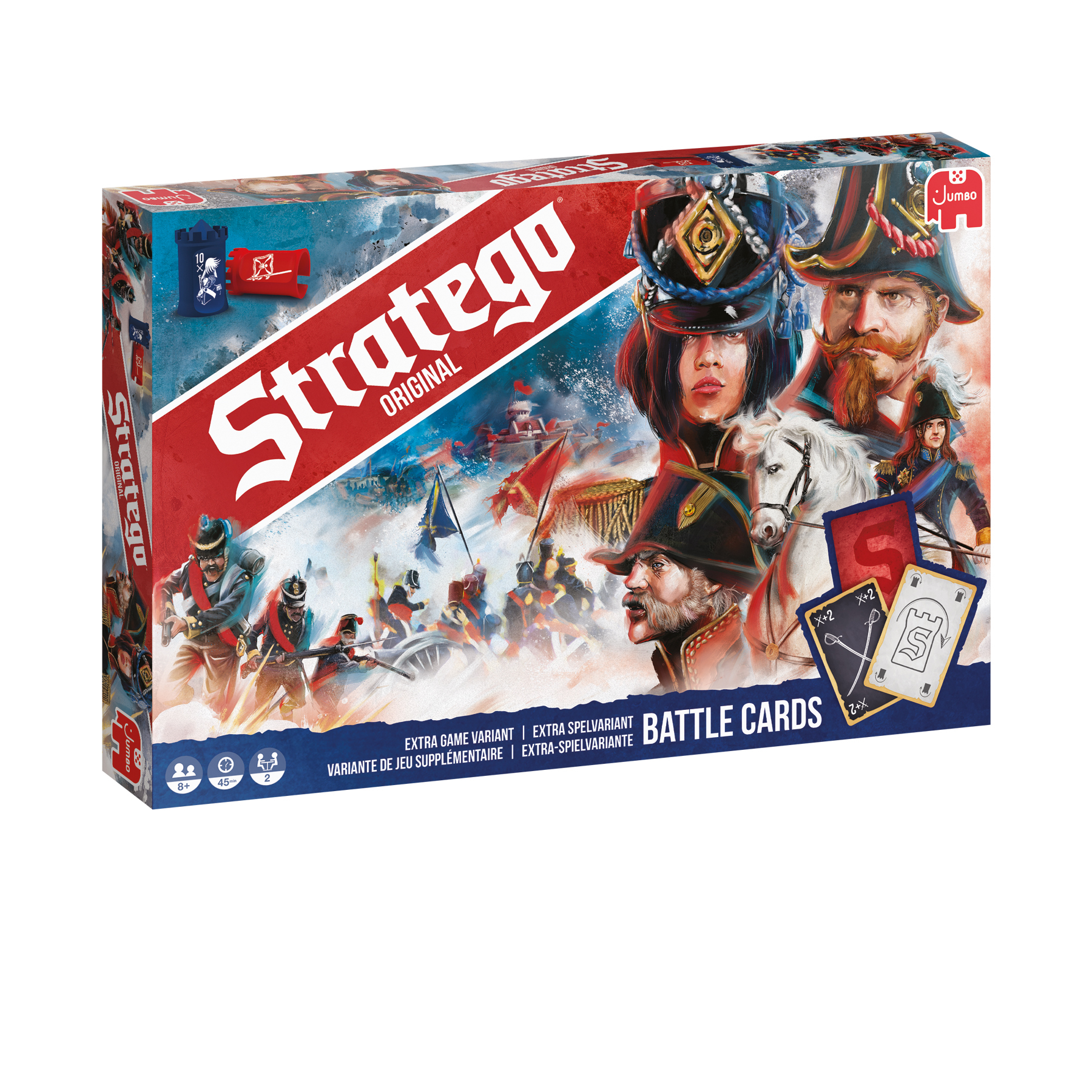 Een bordspeldoos met de naam 'Stratego', met soldaten en gevechtsscènes.