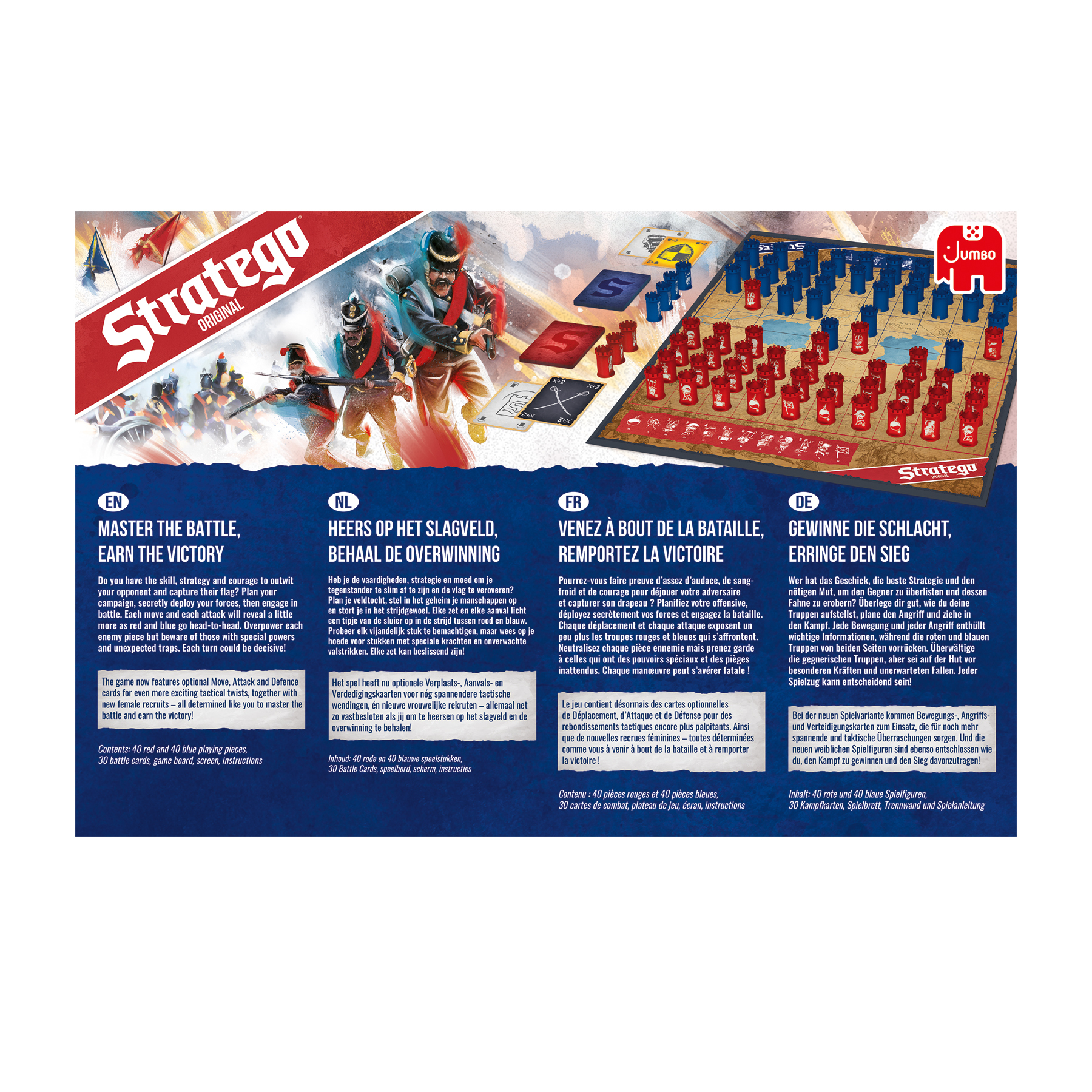 Een Stratego bordspeldoos en bord worden weergegeven. Tekst in meerdere talen is zichtbaar.