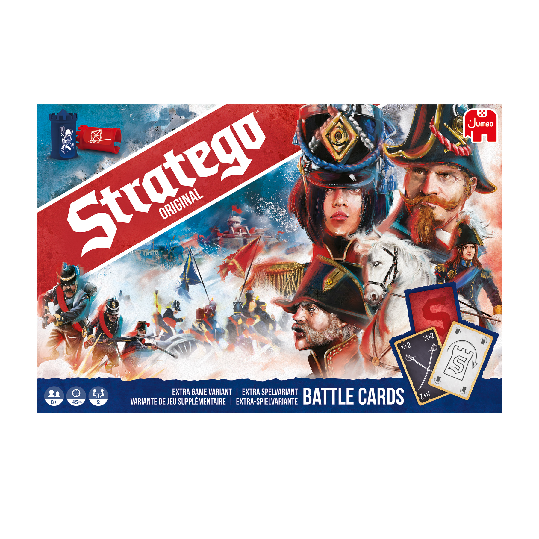 Bordspeldoos. Het toont een schilderij van soldaten, een vrouw en een man met hoeden. Tekst staat op de doos.
