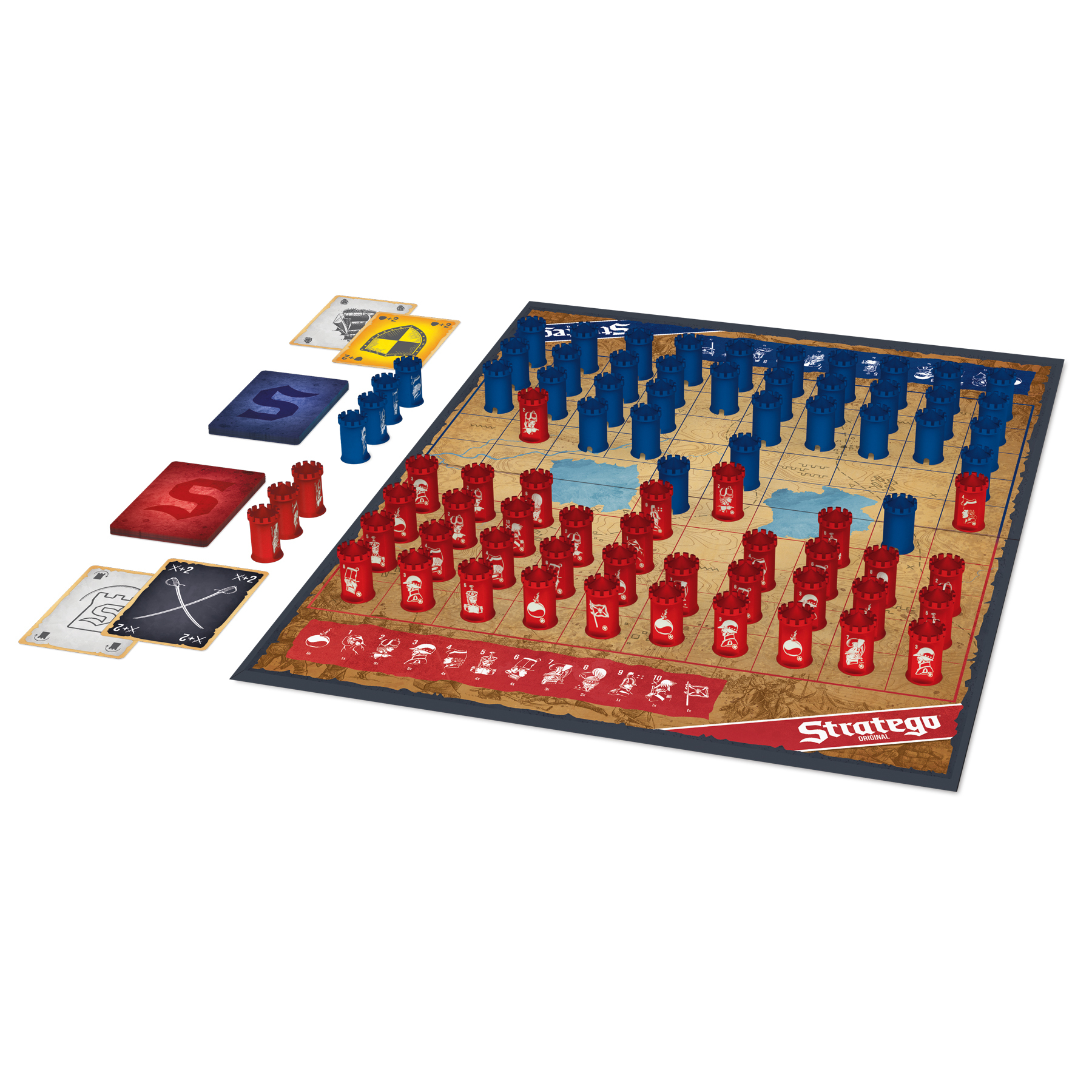 Stratego bordspelopstelling met rode en blauwe stukken.