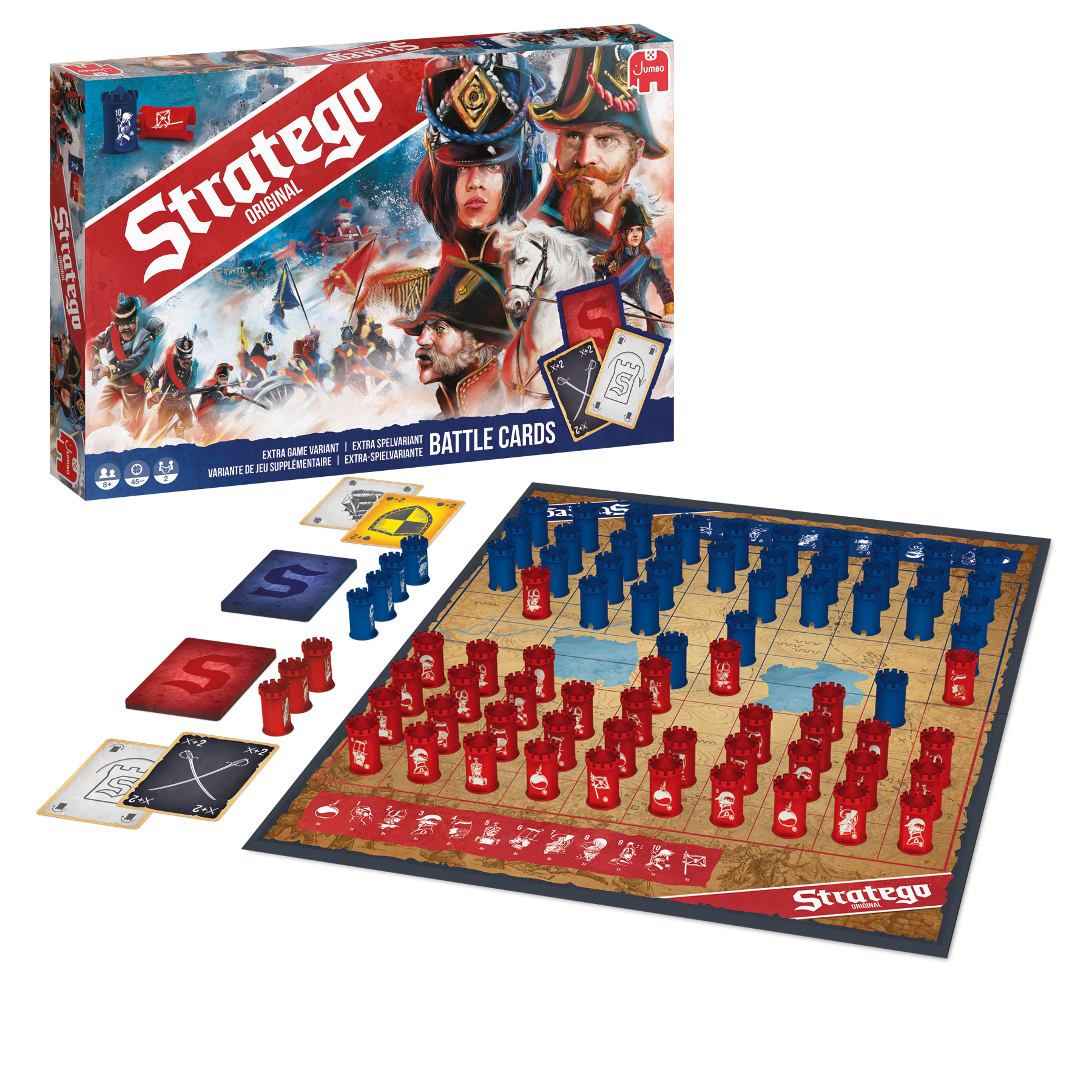 Stratego bordspel met opgestelde stukken en Battle Cards.