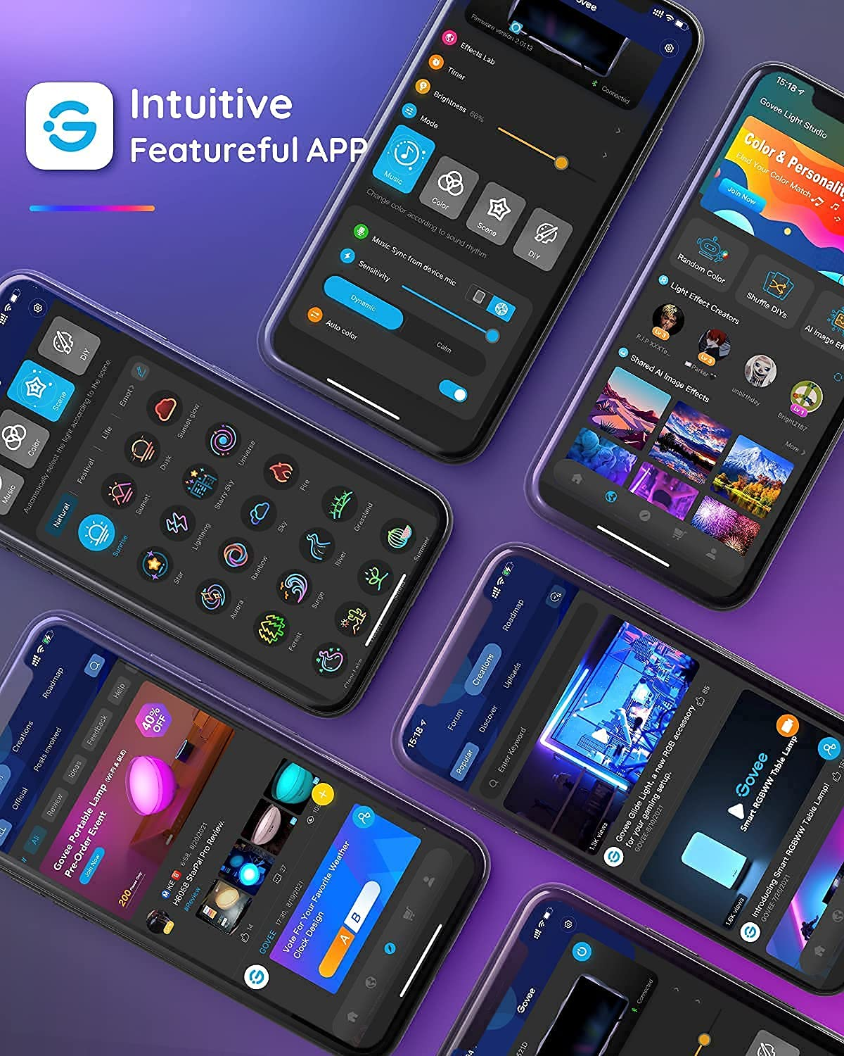Mehrere Smartphones, die eine mobile App-Oberfläche mit verschiedenen Funktionen und Einstellungen anzeigen.