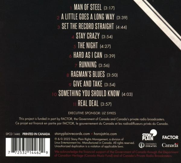 CD-Hülle hinten mit Titelliste und Credits auf dunklem Hintergrund.