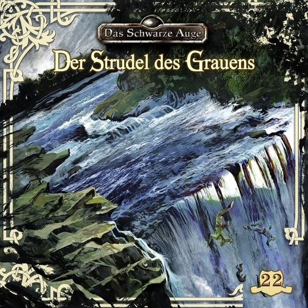 Spielcover. Wasserfall, zwei fallende Figuren. Der Titel lautet 'Der Strudel des Grauens'.